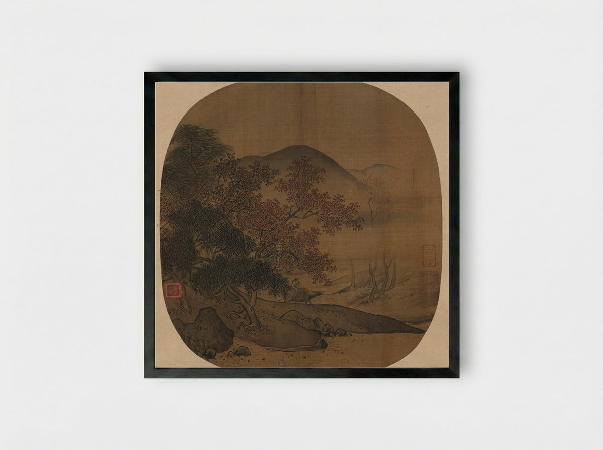 Buffalo and Boy in Autumnal Landscape - Yan Ciping - Framed Print Black
