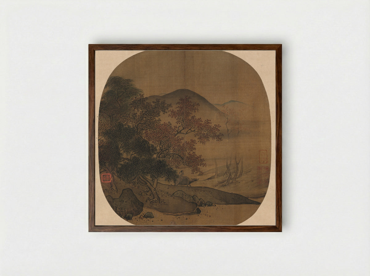 Buffalo and Boy in Autumnal Landscape - Yan Ciping - Framed Print Dark Wood