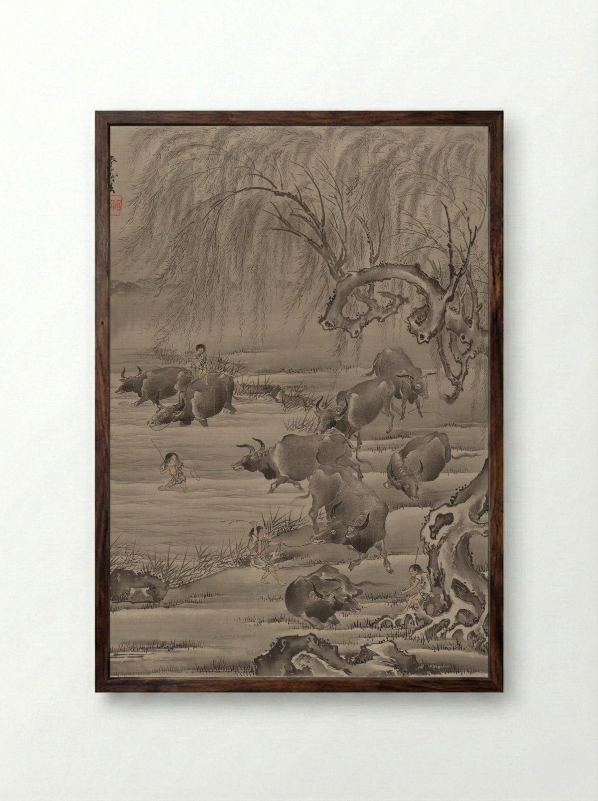 Buffalo and Herdsman - Kawanabe Kyōsai - Framed Print Dark Wood