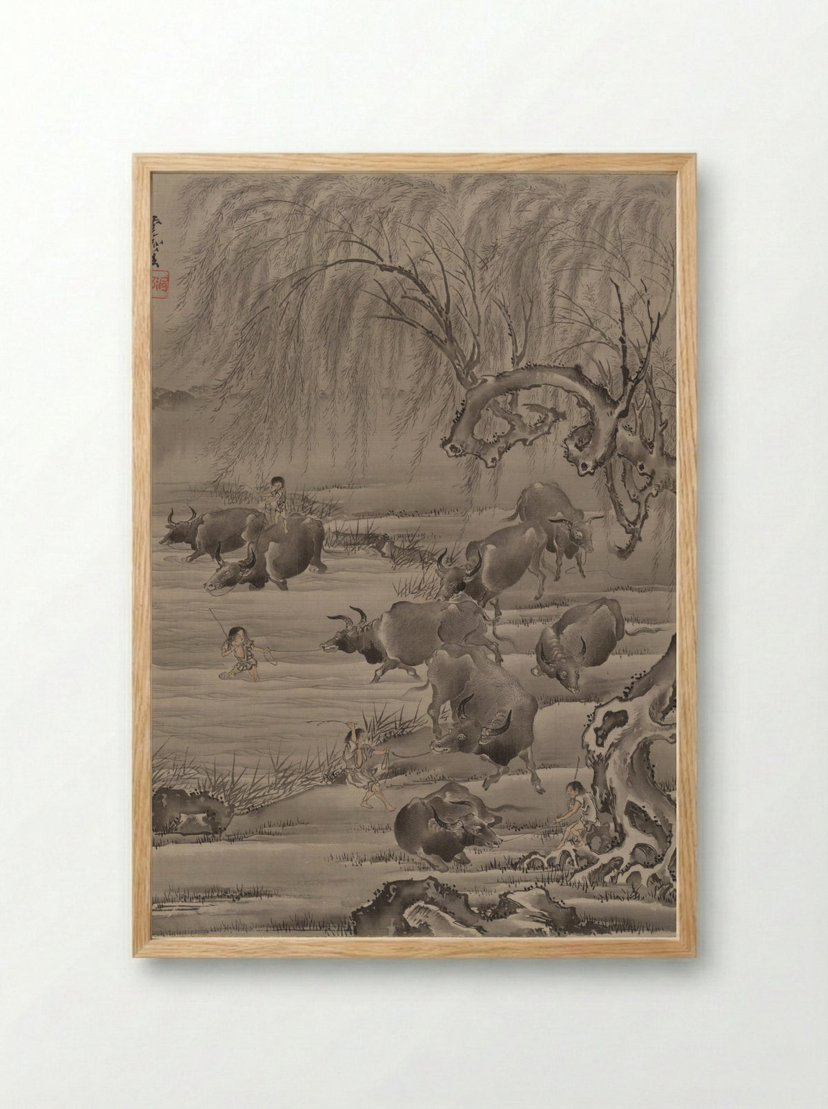 Buffalo and Herdsman - Kawanabe Kyōsai - Framed Print Wood