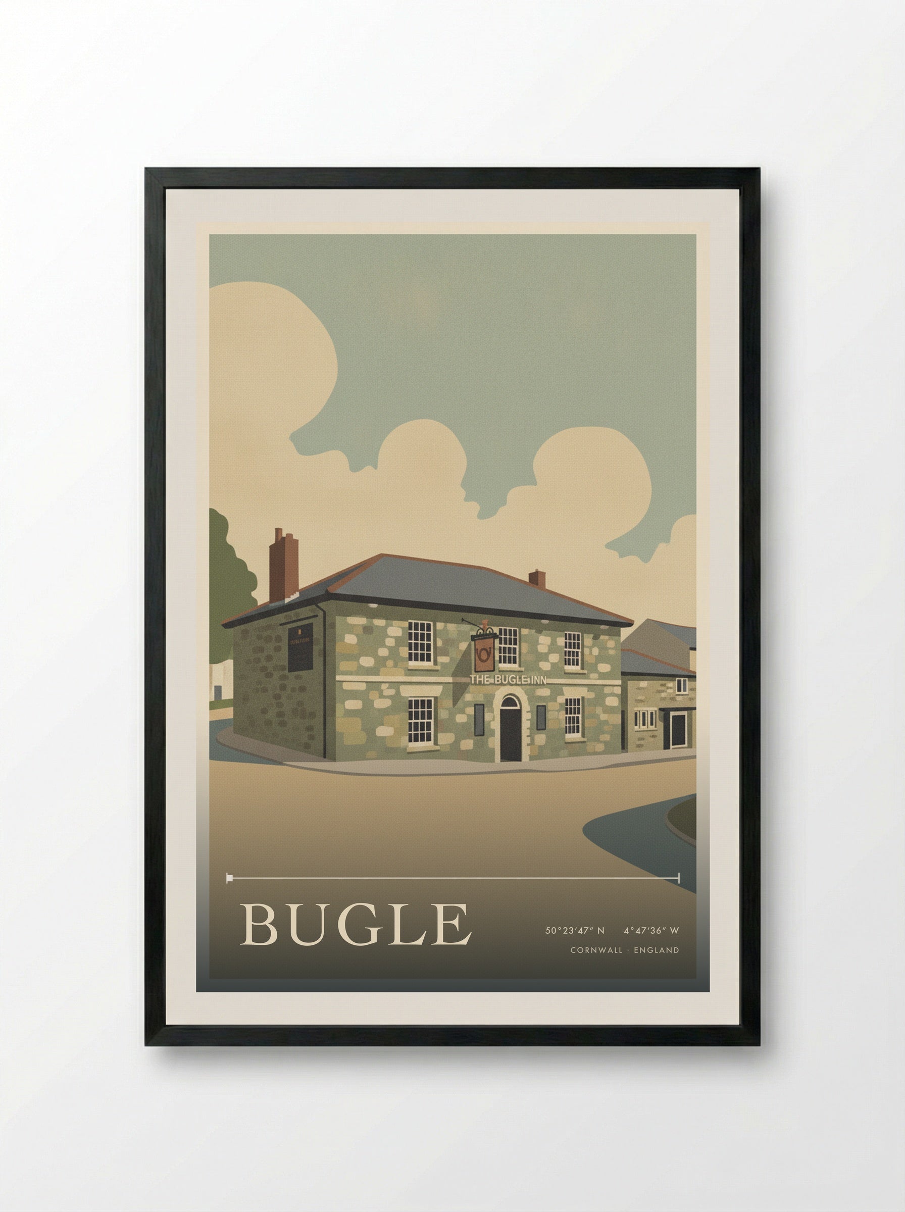 Bugle Cornwall England Travel Poster - Framed Print Black