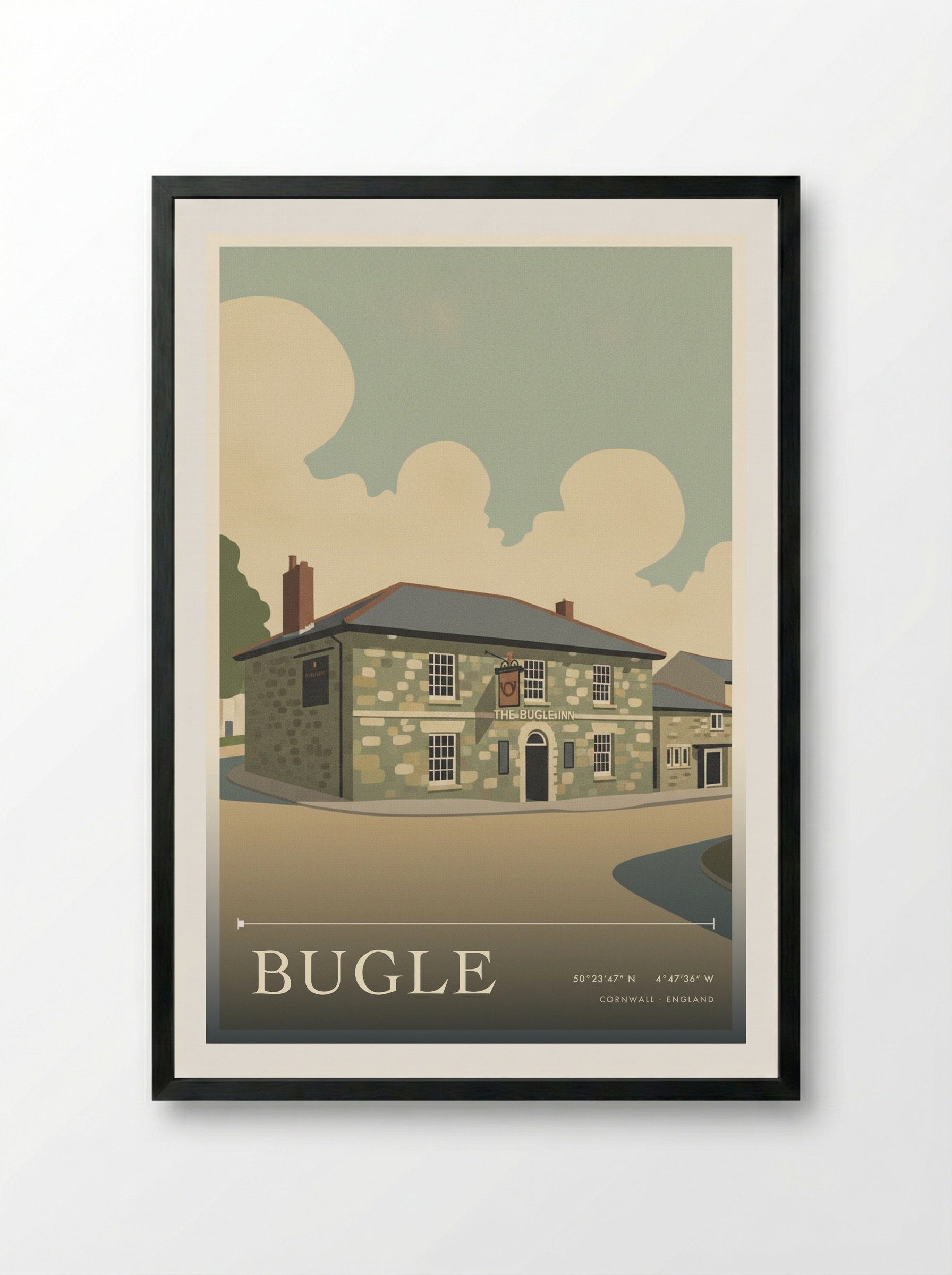 Bugle Cornwall England Travel Poster - Framed Print Black