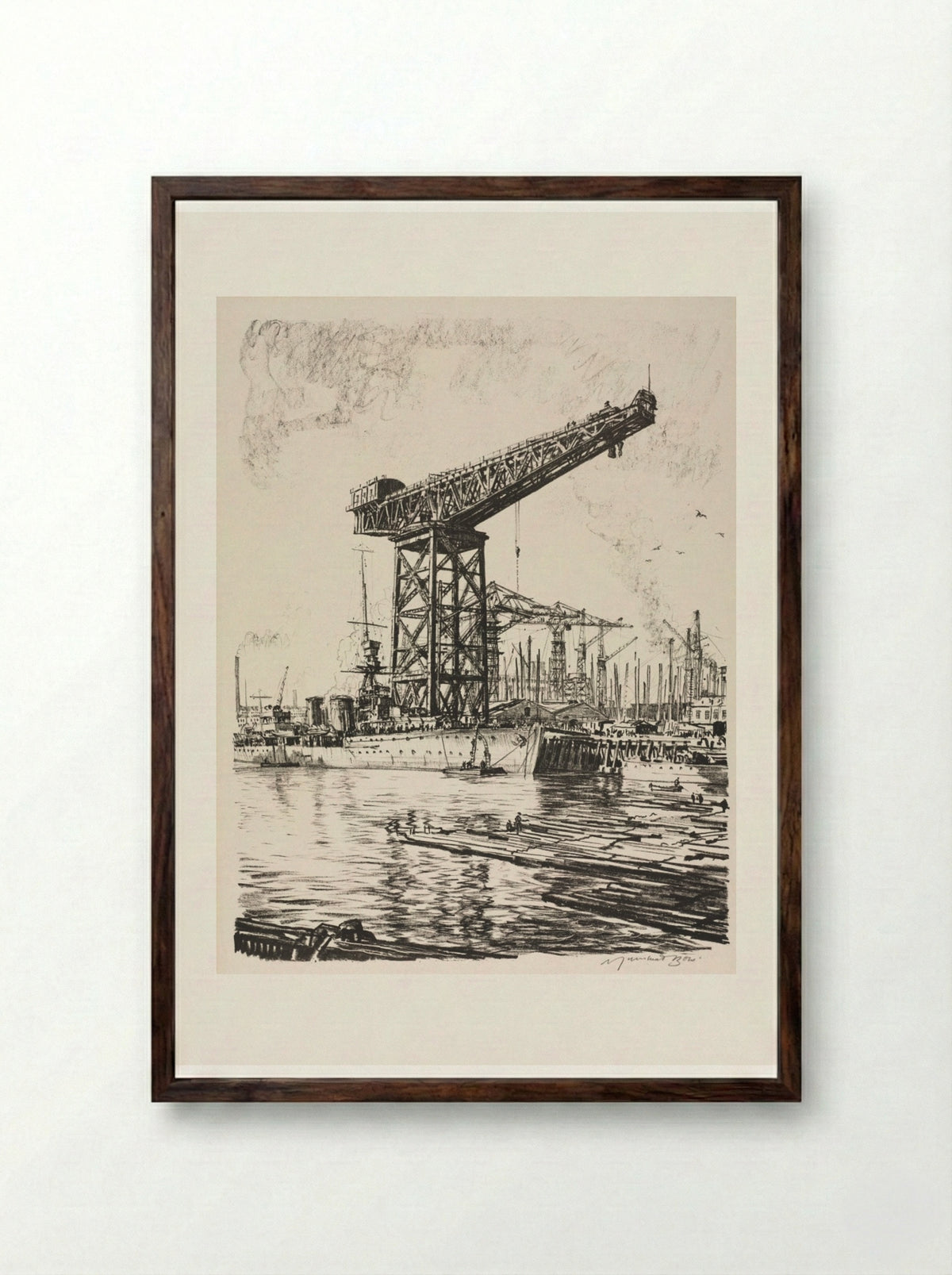 Building Ships: A Fitting Out Basin - Muirhead Bone - Framed Print Dark Wood