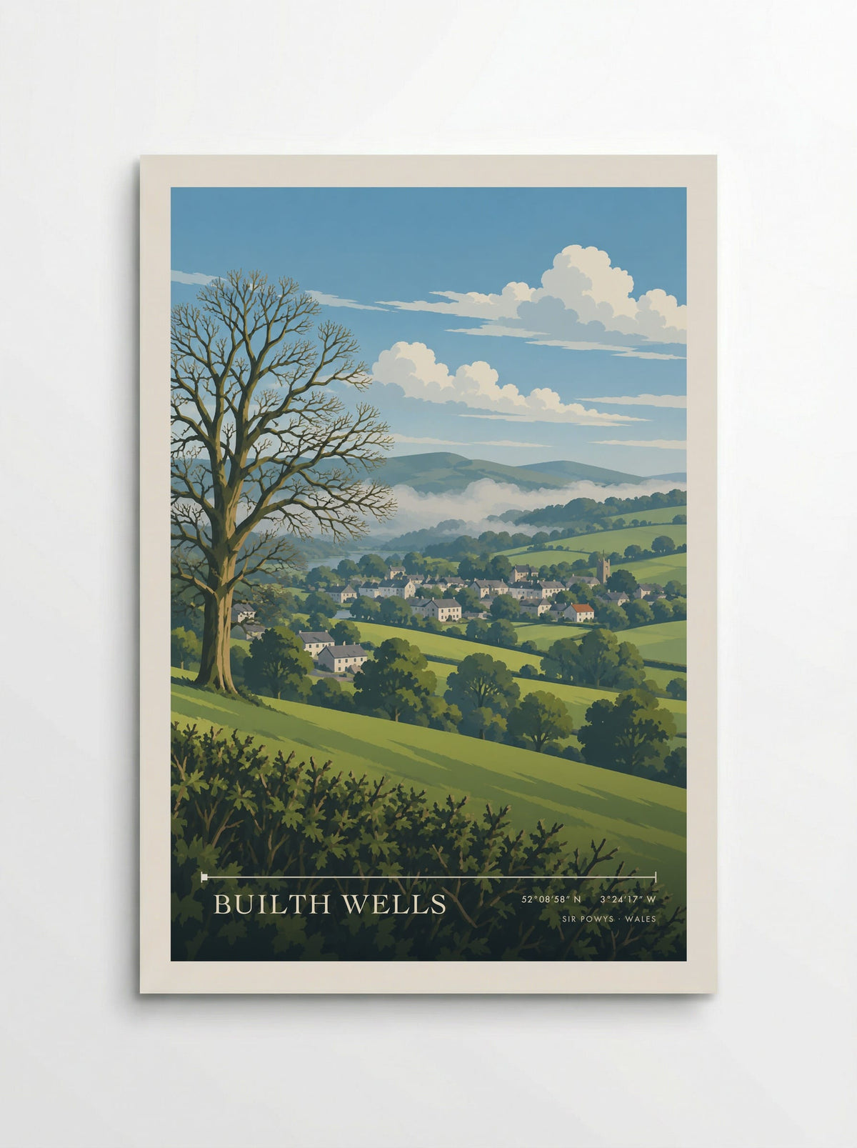 Builth Wells, Sir Powys travel poster: white houses, a branching bare tree and distant Welsh hills softened by pale spring mist