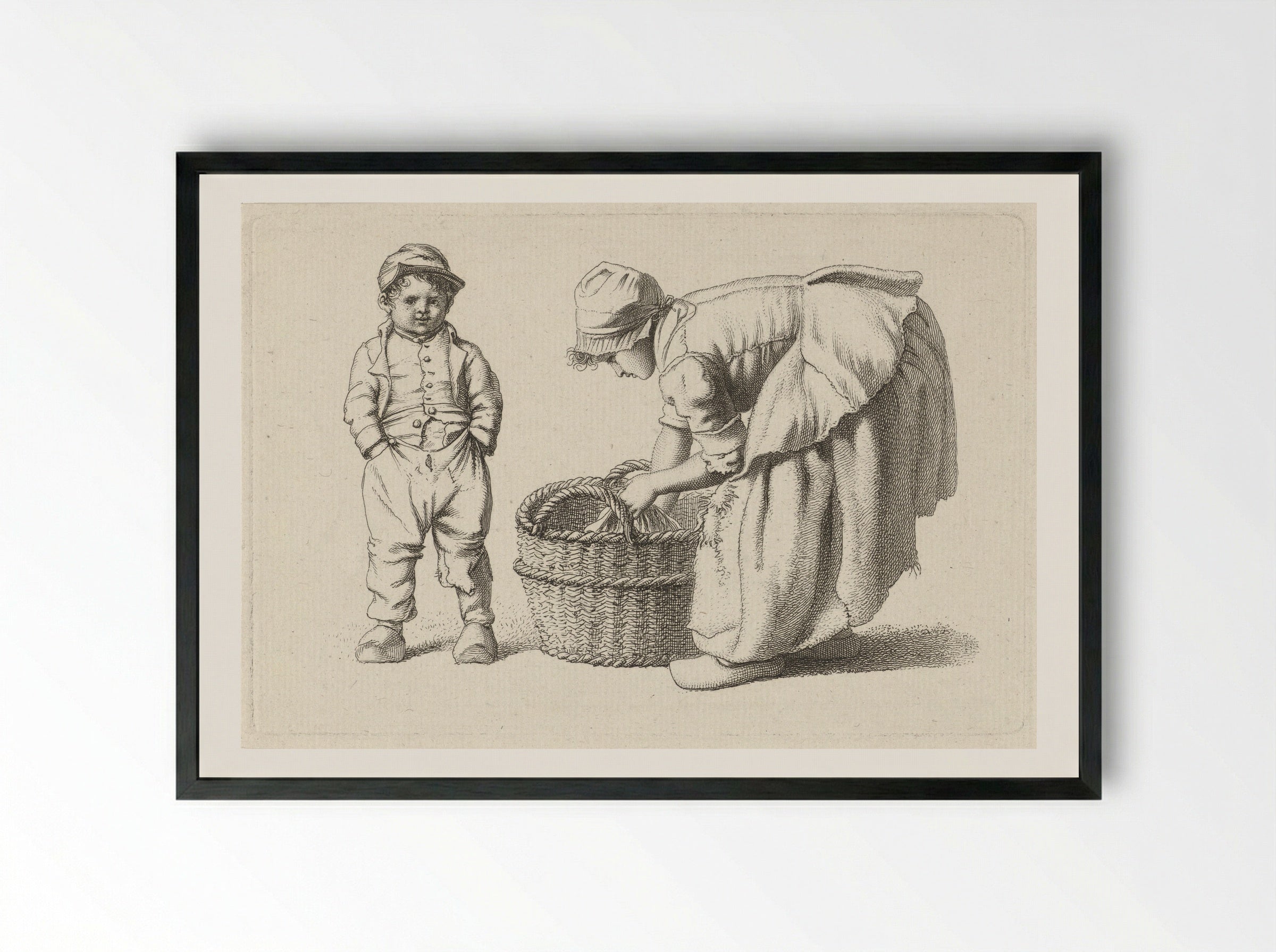 Bukkend meisje bij een mand en een kind - Jacob Ernst Marcus - Framed Print Black