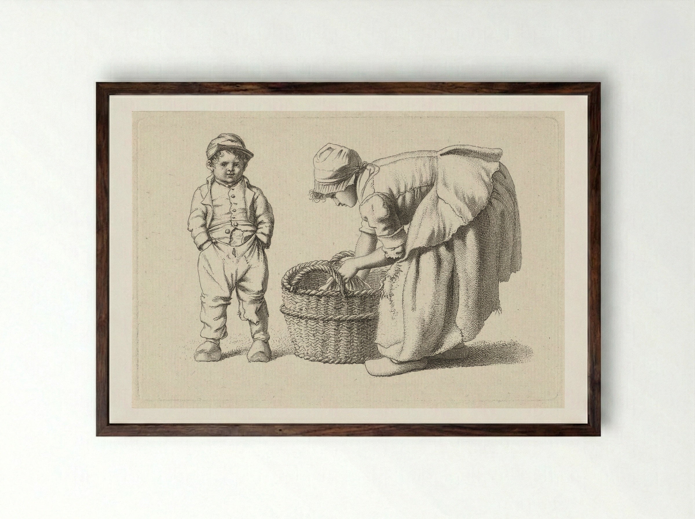 Bukkend meisje bij een mand en een kind - Jacob Ernst Marcus - Framed Print Dark Wood