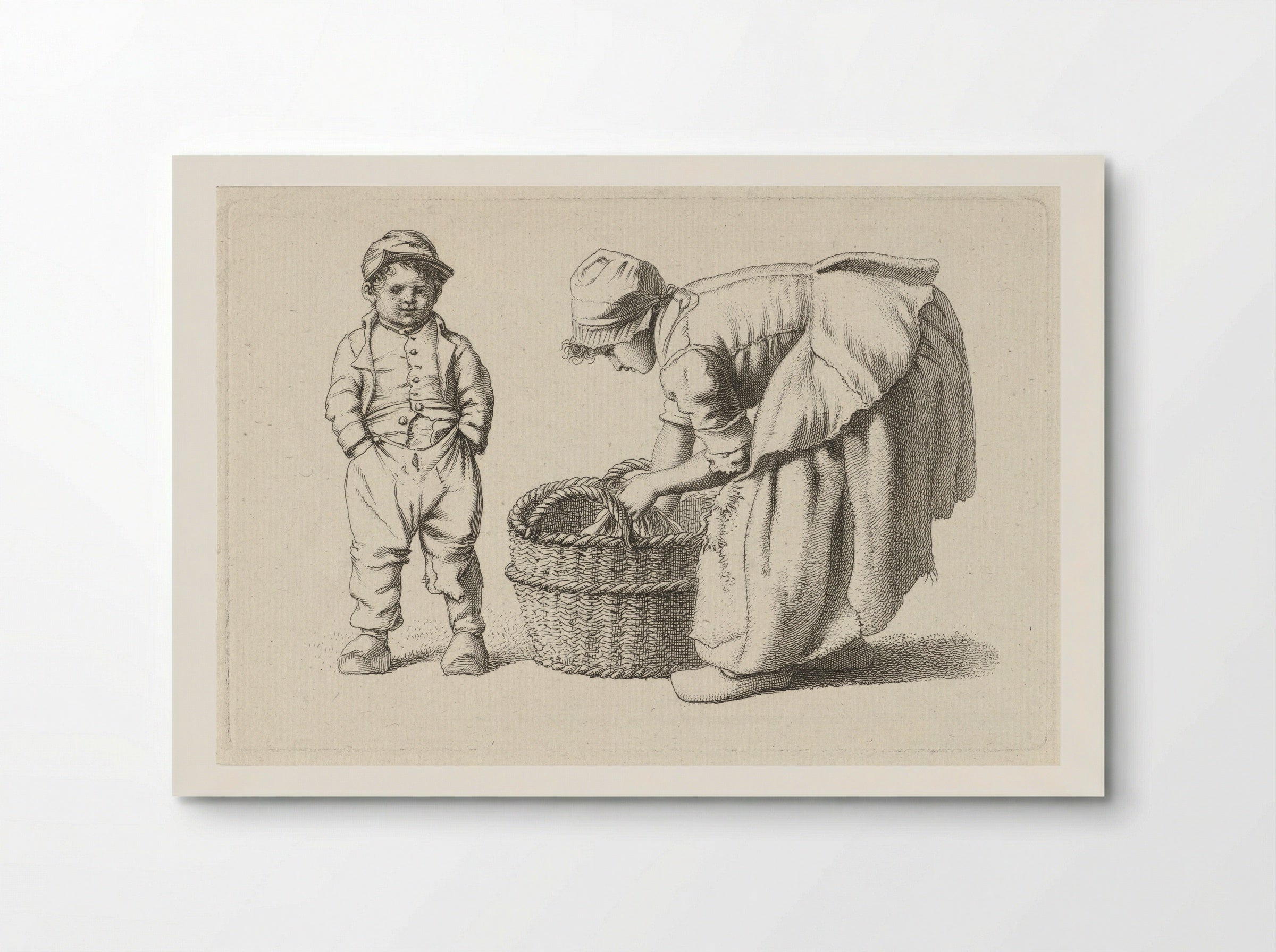 Bukkend meisje bij een mand en een kind - Jacob Ernst Marcus - Poster