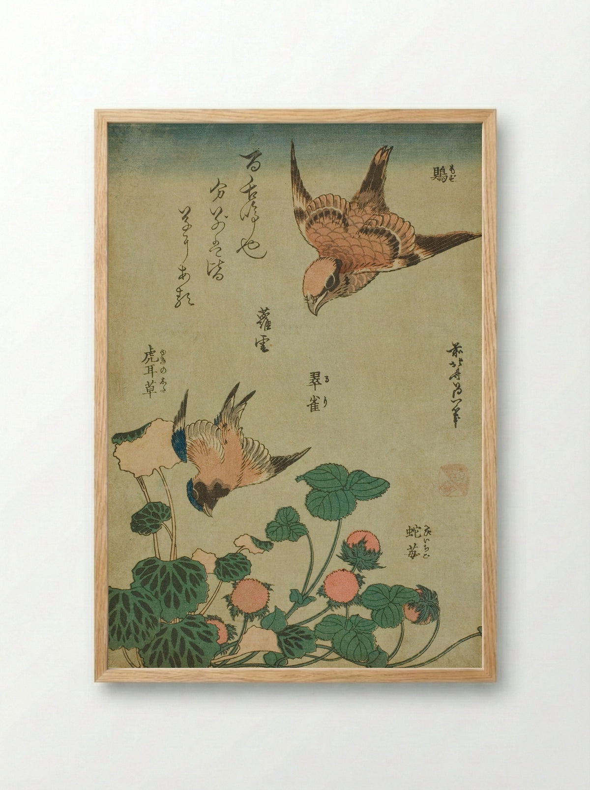 Bull-headed Shrike and Bluebird with Saxifrage and Wild Strawberry - Katsushika Hokusai - Framed Print Wood