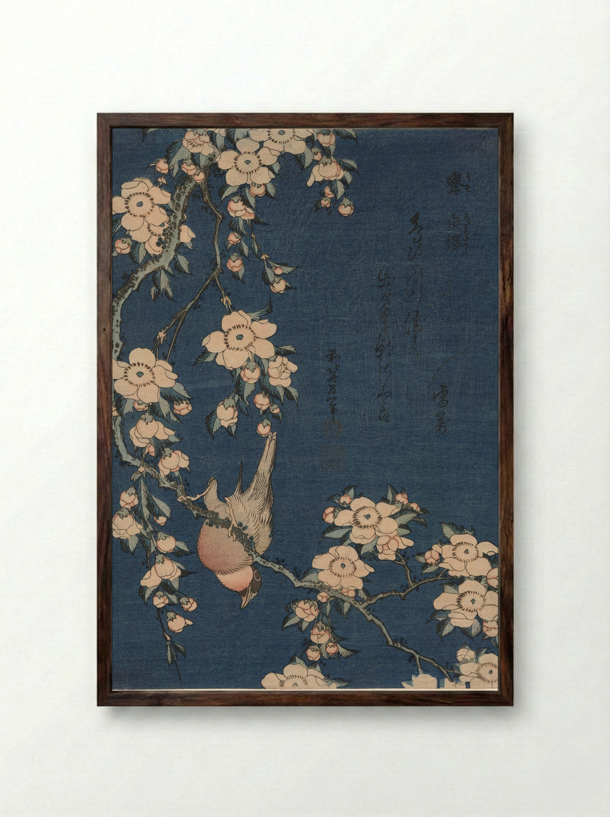 Bullfinch and Weeping Cherry - Katsushika Hokusai - Framed Print Dark Wood