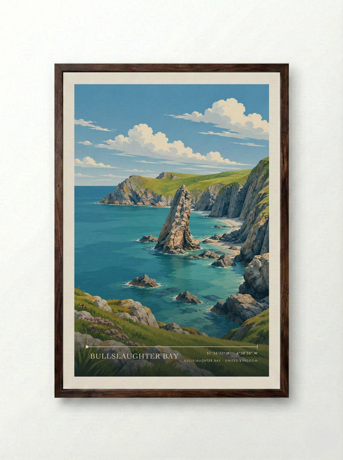 Bullslaughter Bay | Travel Poster - Framed Print Dark Wood