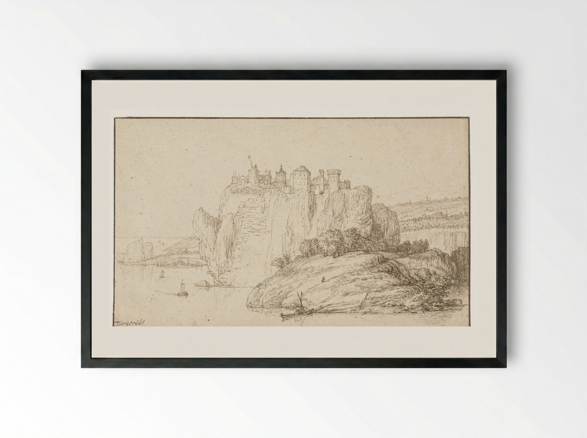 Burcht op een rots in een rivierlandschap - Abraham Furnerius - Framed Print Black