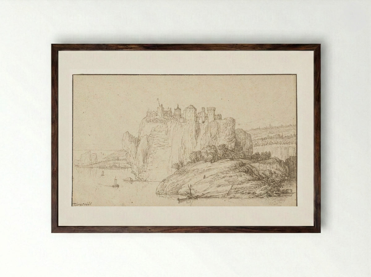 Burcht op een rots in een rivierlandschap - Abraham Furnerius - Framed Print Dark Wood