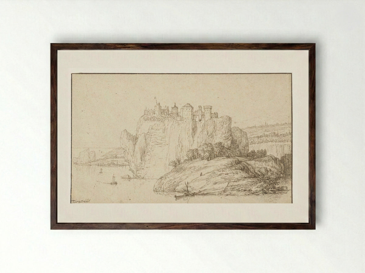 Burcht op een rots in een rivierlandschap - Abraham Furnerius - Framed Print Dark Wood