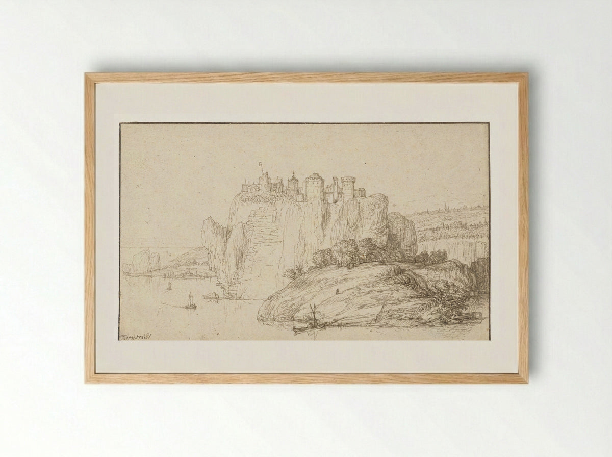Burcht op een rots in een rivierlandschap - Abraham Furnerius - Framed Print Wood
