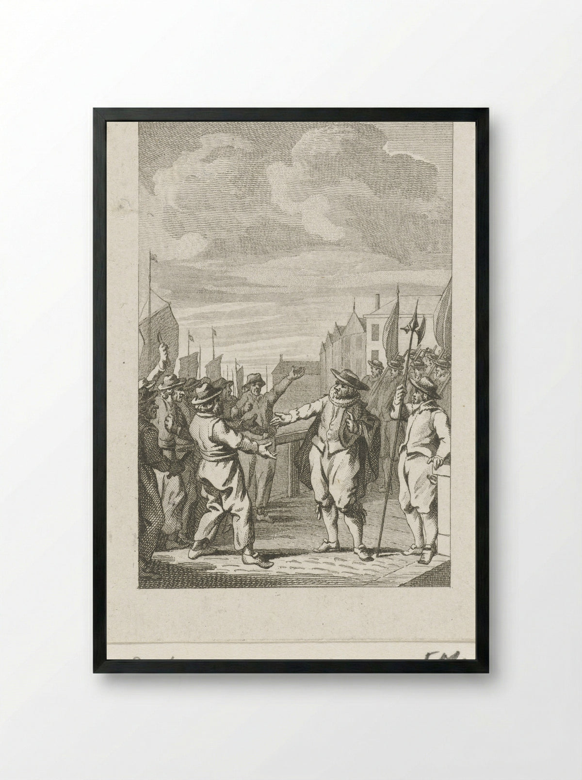Burgemeester Joost Buyck kalmeert het bootsvolk, 1567 - Harmanus Vinkeles - Framed Print Black