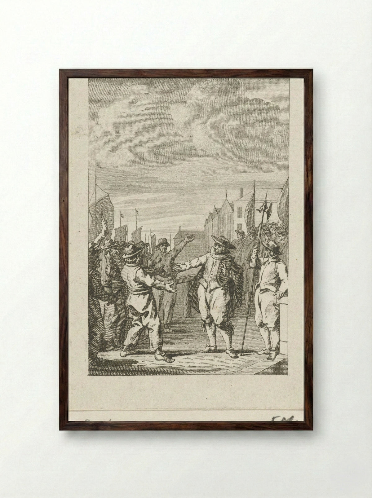 Burgemeester Joost Buyck kalmeert het bootsvolk, 1567 - Harmanus Vinkeles - Framed Print Dark Wood