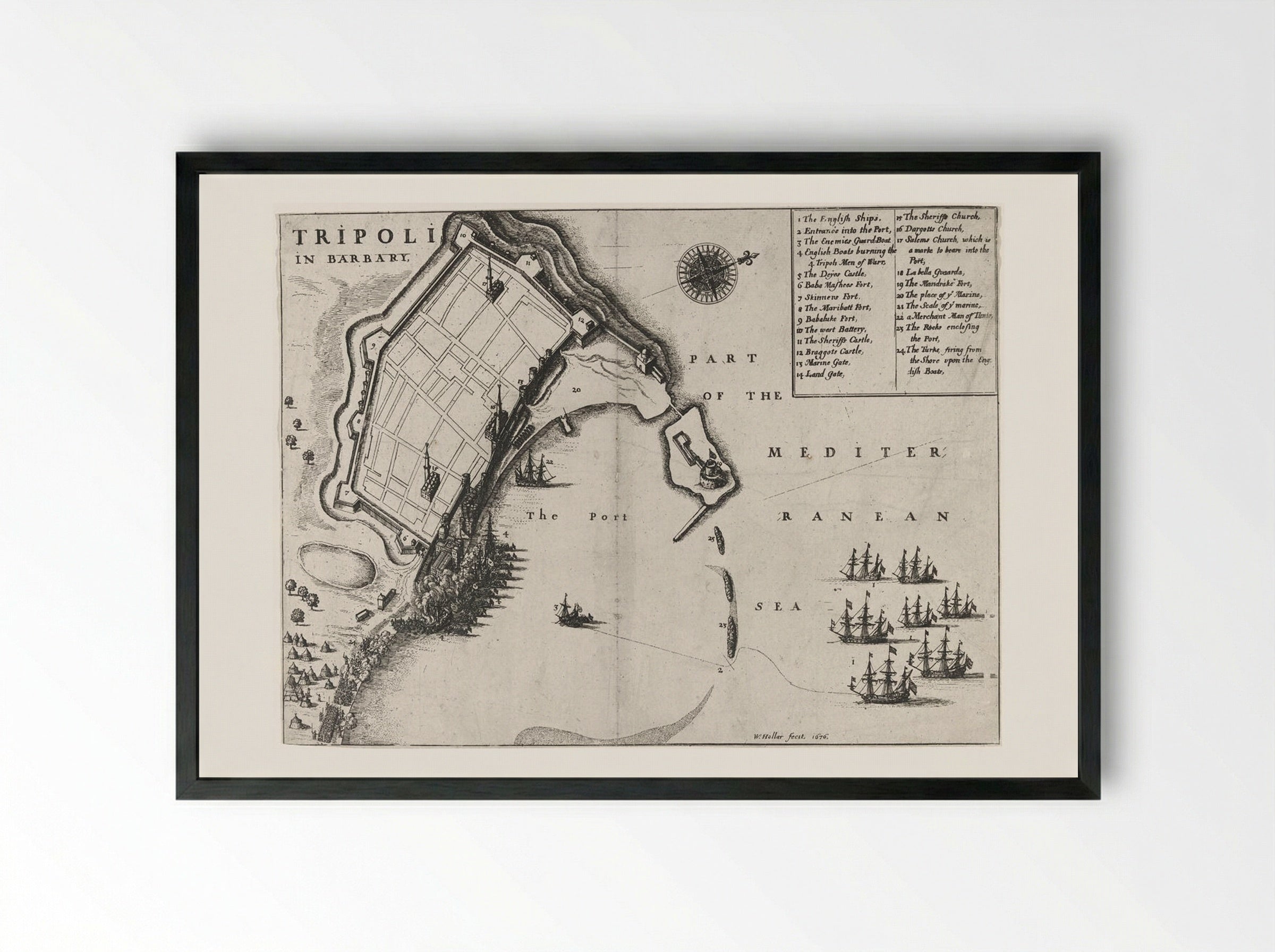 Burning of the Port of Tripoli - Wenceslaus Hollar - Framed Print Black