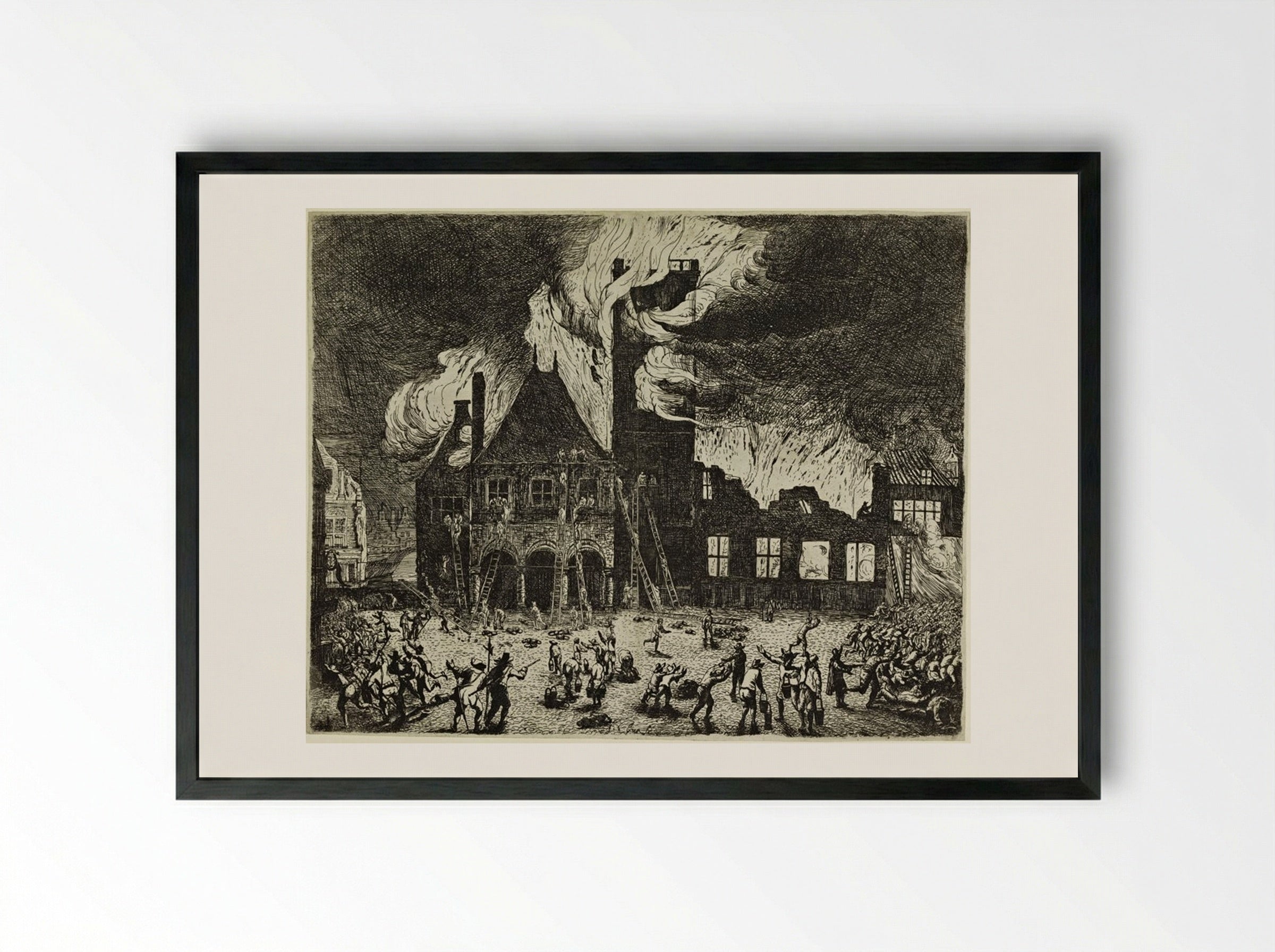 Burning of the Town Hall, Amsterdam - Jan de Baen - Framed Print Black