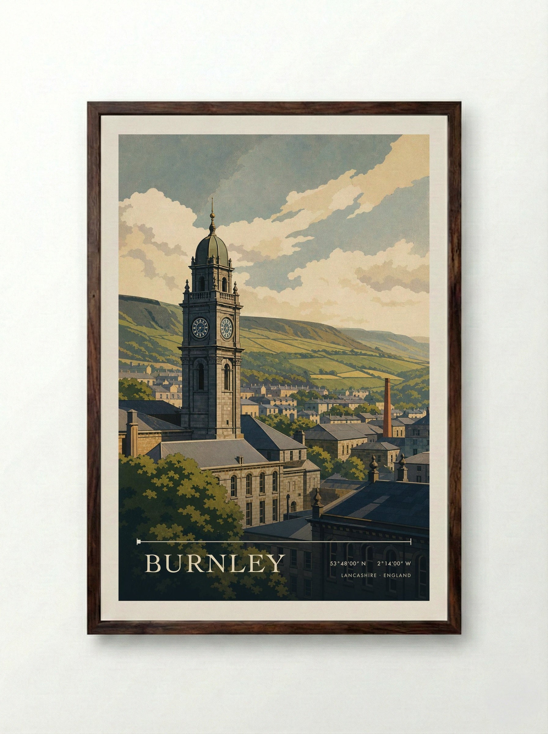 Burnley Lancashire England Travel Poster - Framed Print Dark Wood
