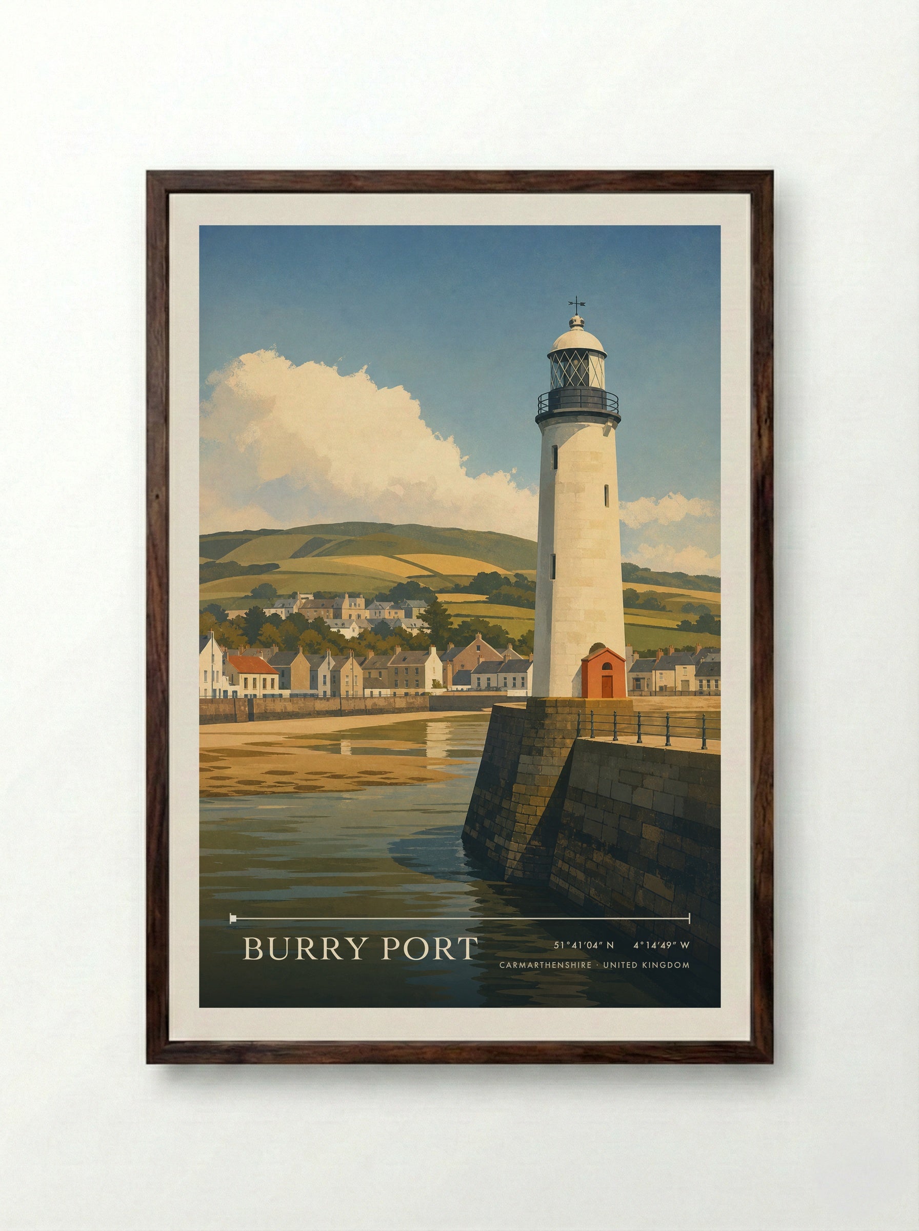 Burry Port Carmarthenshire United Kingdom Travel Poster - Framed Print Dark Wood