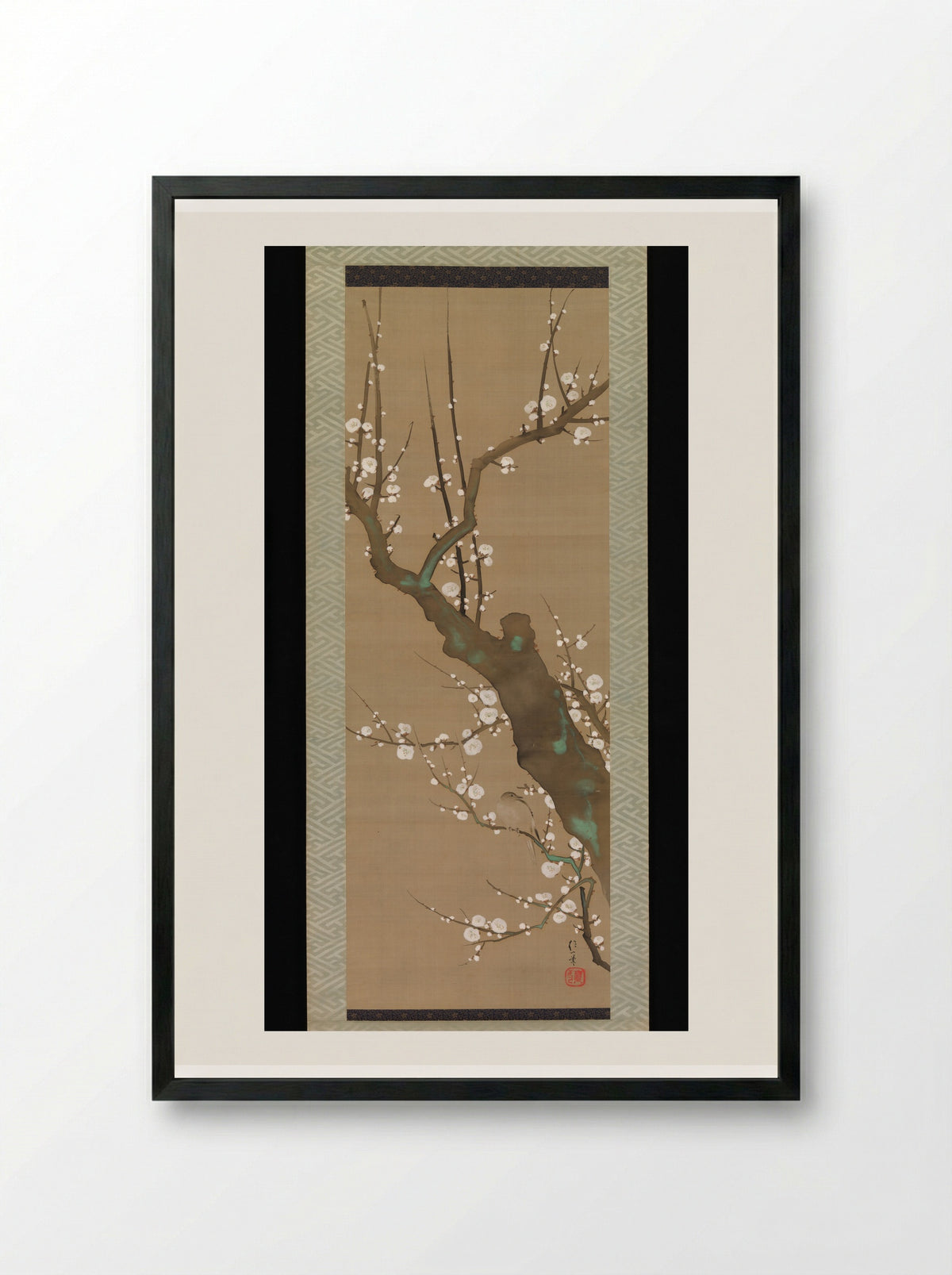 Bush Warbler (Uguisu) in a Plum Tree - Sakai Hōitsu - Framed Print Black