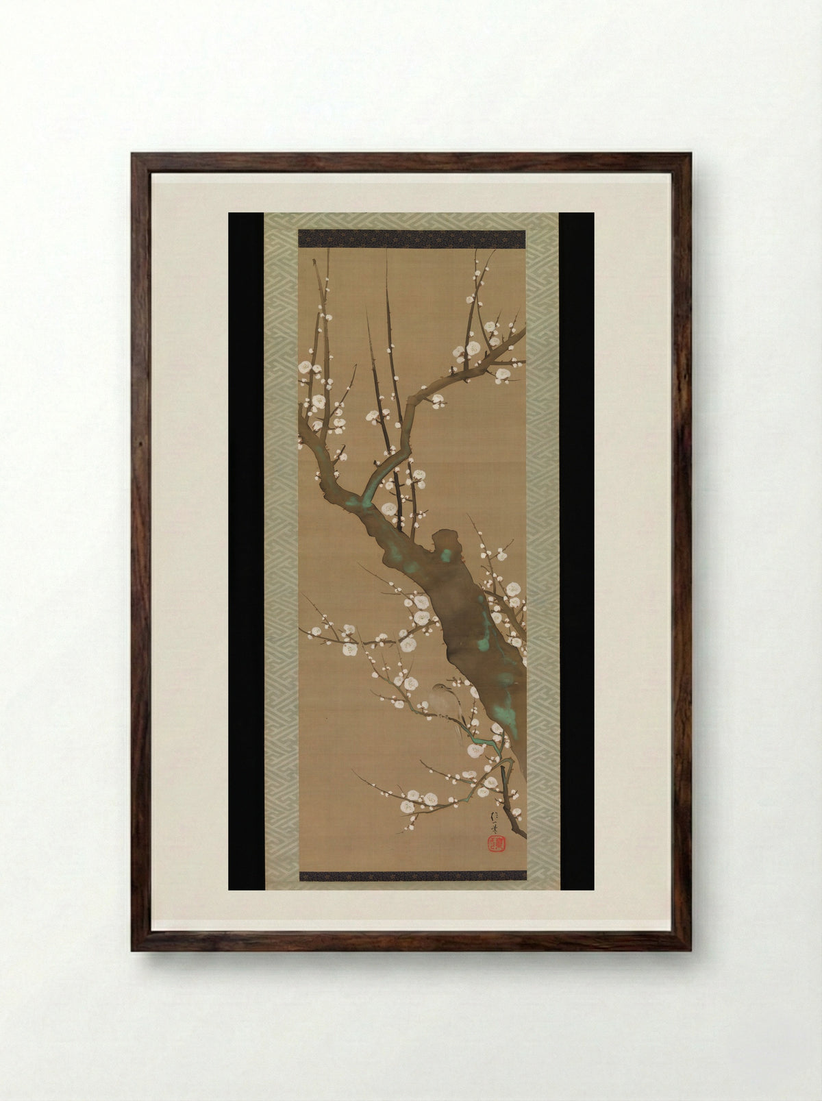 Bush Warbler (Uguisu) in a Plum Tree - Sakai Hōitsu - Framed Print Dark Wood