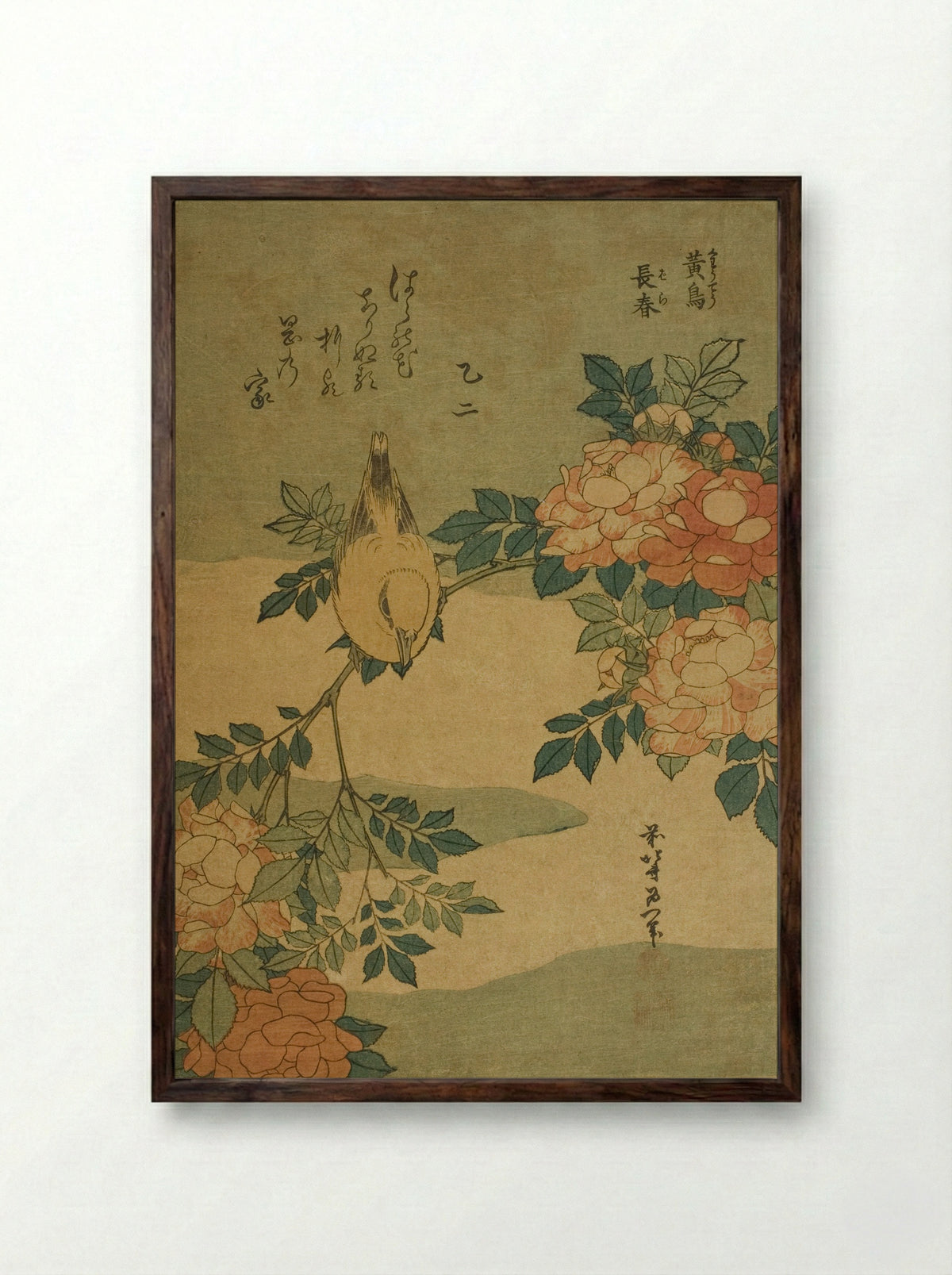 Bush Warbler and Rose - Katsushika Hokusai - Framed Print Dark Wood