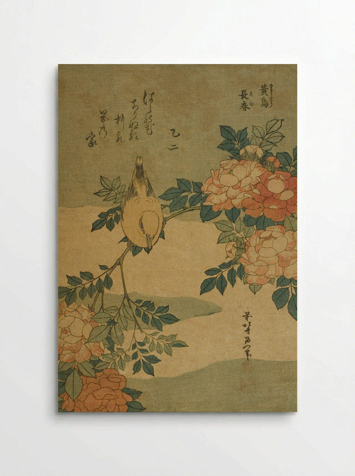 Bush Warbler and Rose - Katsushika Hokusai - Poster