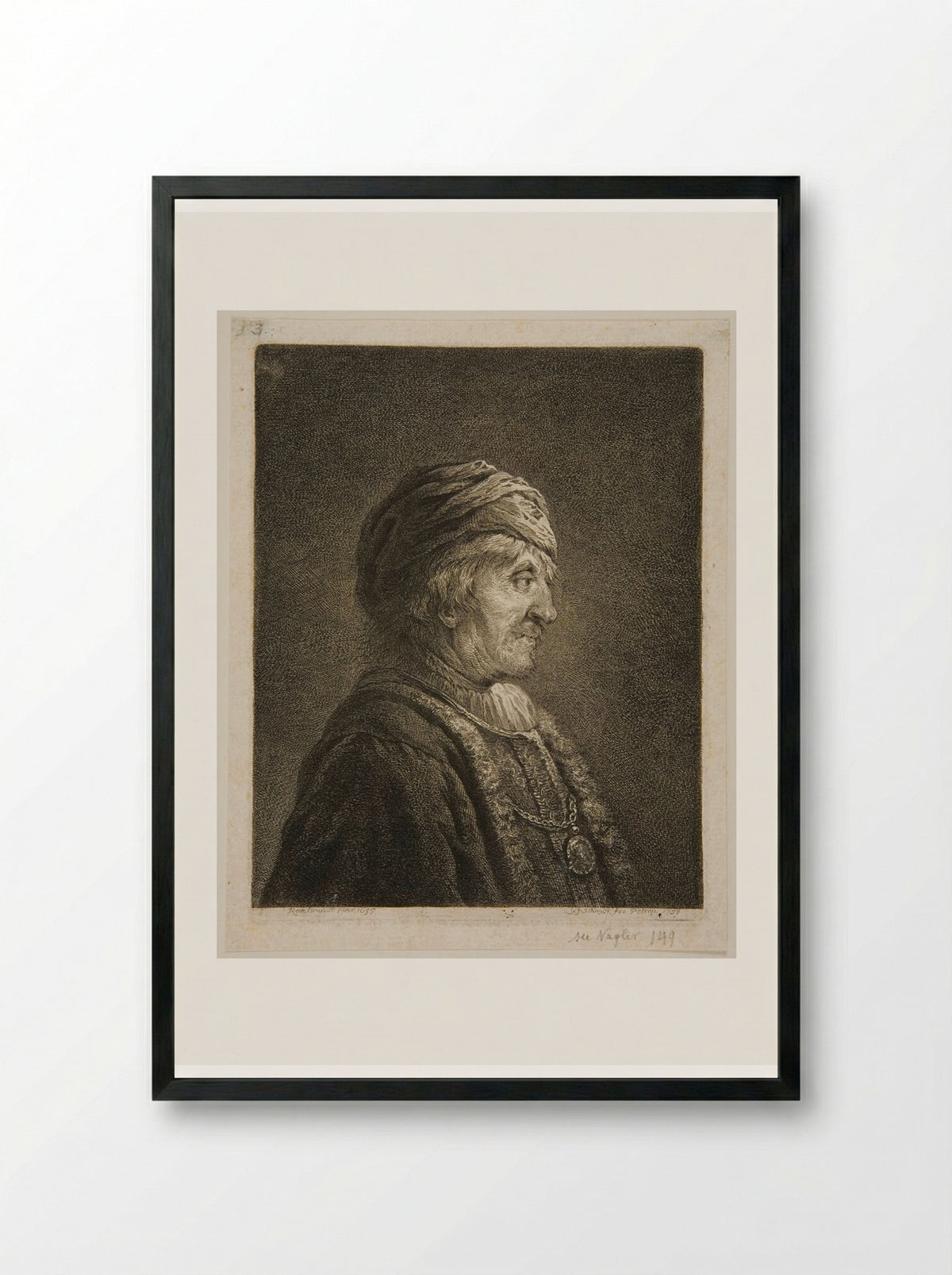 Bust of a Man, Profile, Wearing a Turban - Georg Friedrich Schmidt - Framed Print Black