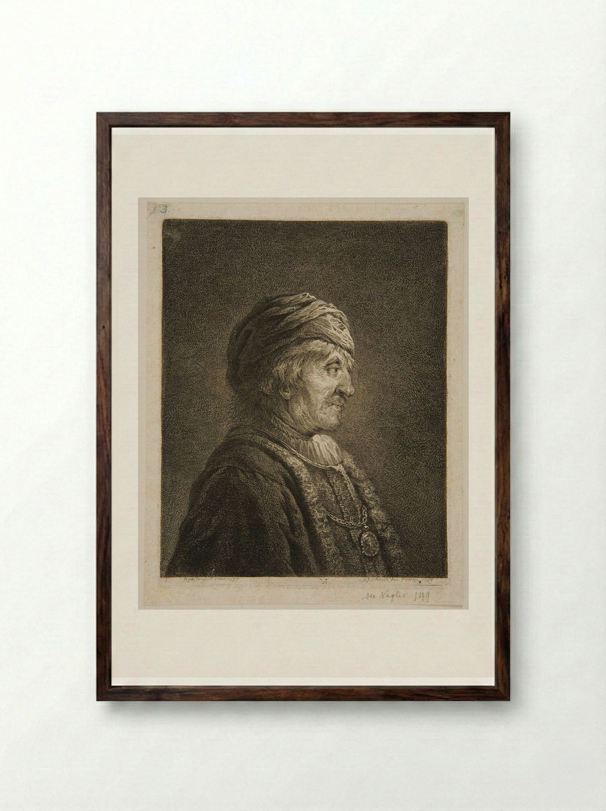 Bust of a Man, Profile, Wearing a Turban - Georg Friedrich Schmidt - Framed Print Dark Wood