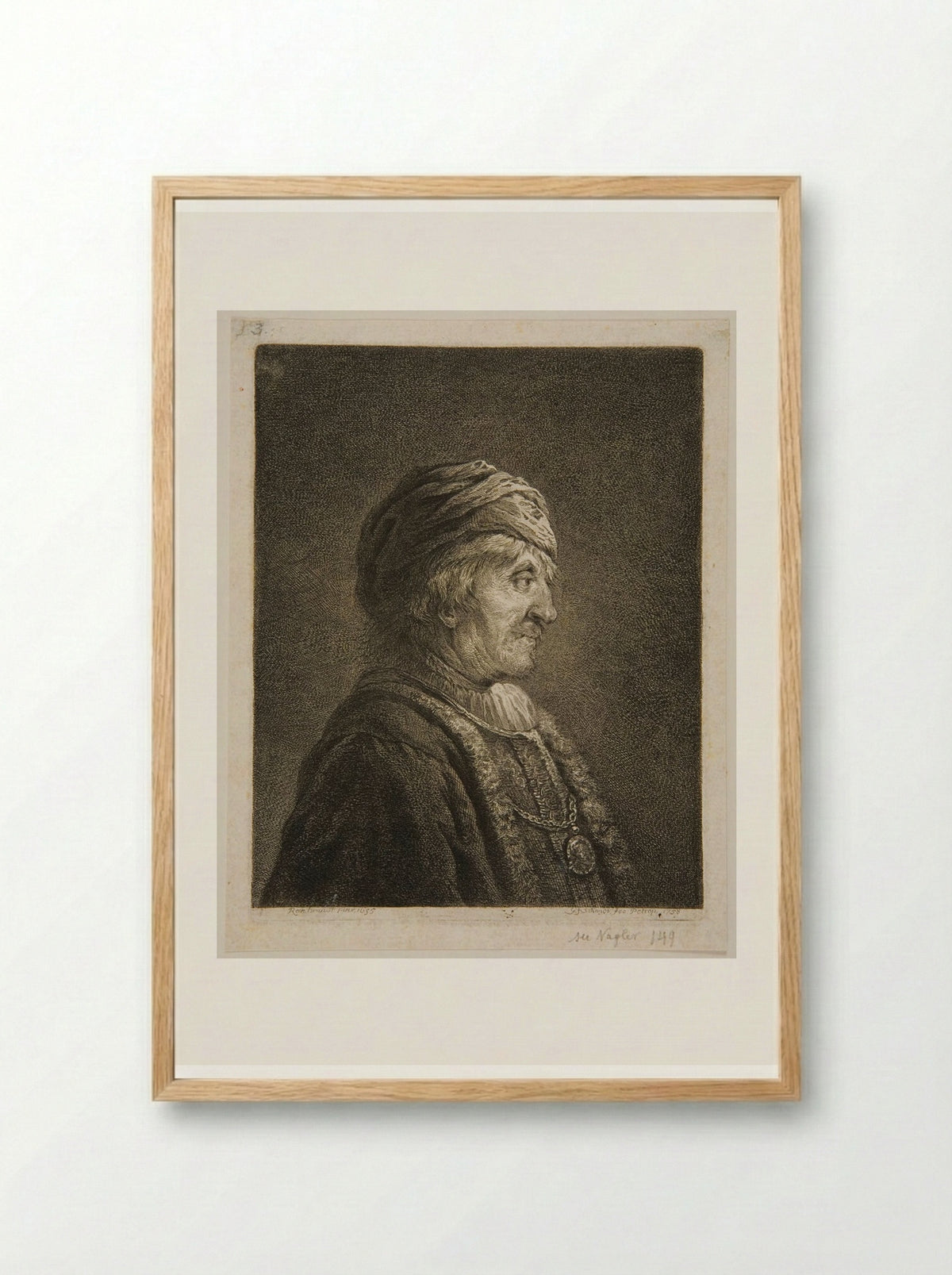 Bust of a Man, Profile, Wearing a Turban - Georg Friedrich Schmidt - Framed Print Wood
