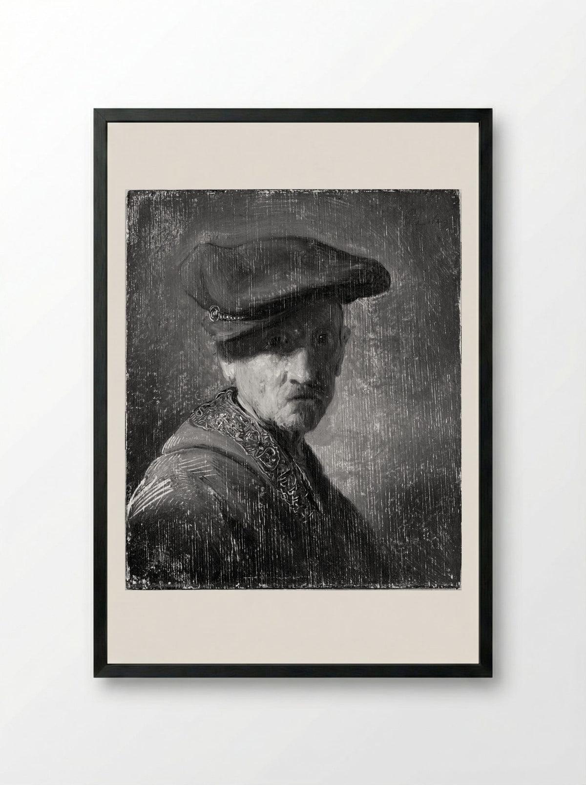Bust of a Man in a Gorget and Cap - Rembrandt Harmensz. van Rijn - Framed Print Black