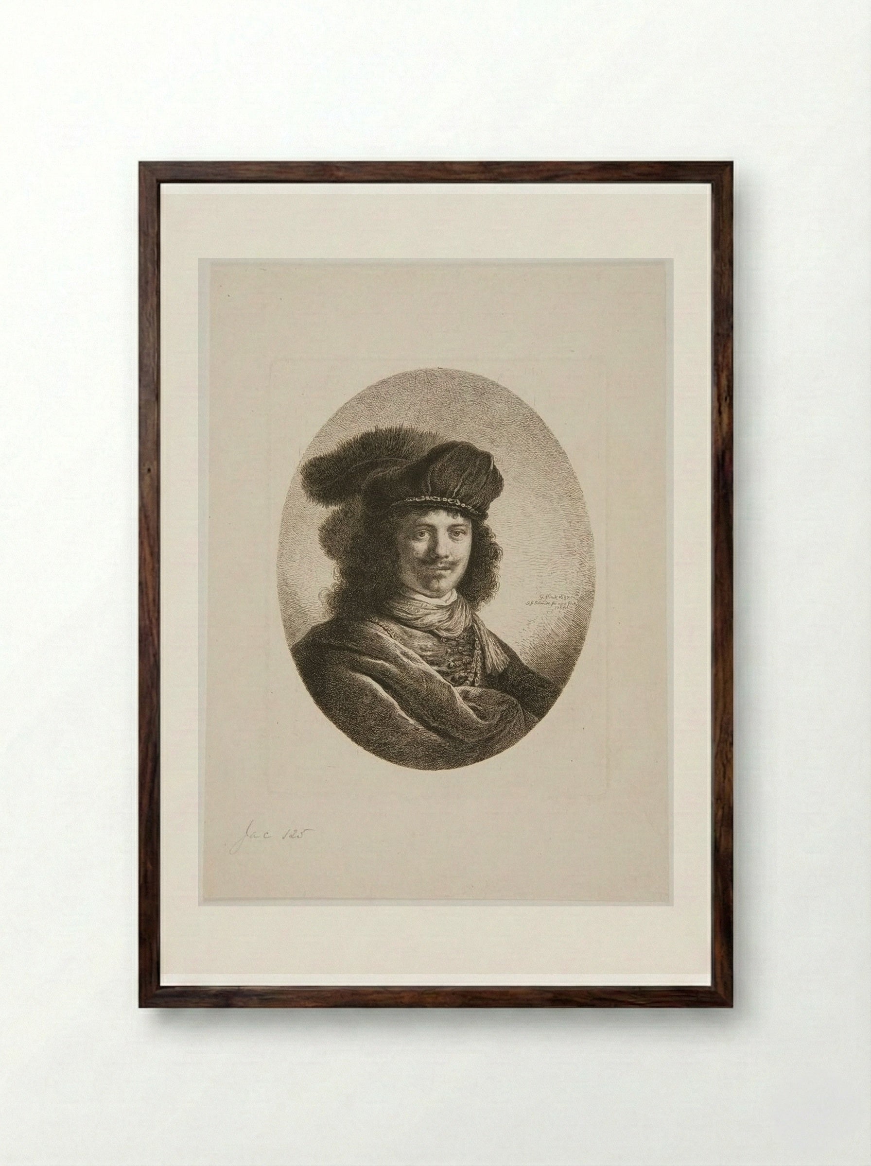 Bust of a Man with Two Feathers in His Cap - Georg Friedrich Schmidt - Framed Print Dark Wood