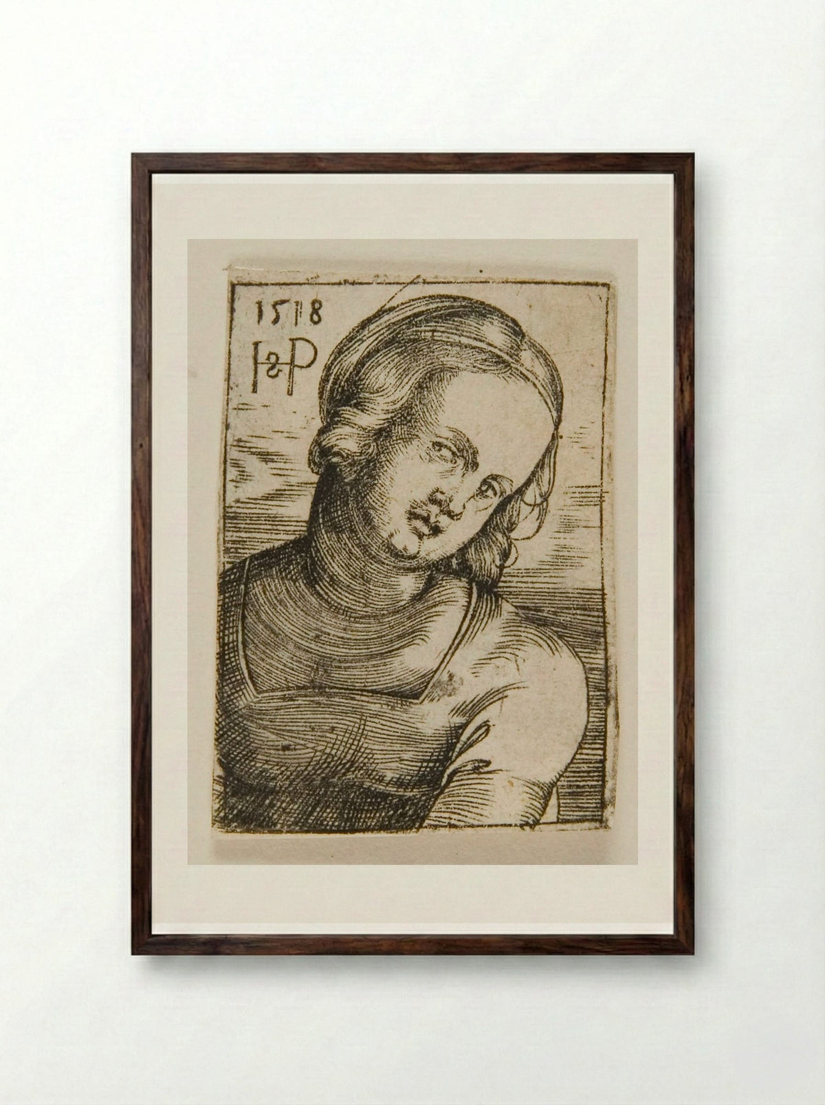 Bust of a Woman - Sebald Beham - Framed Print Dark Wood
