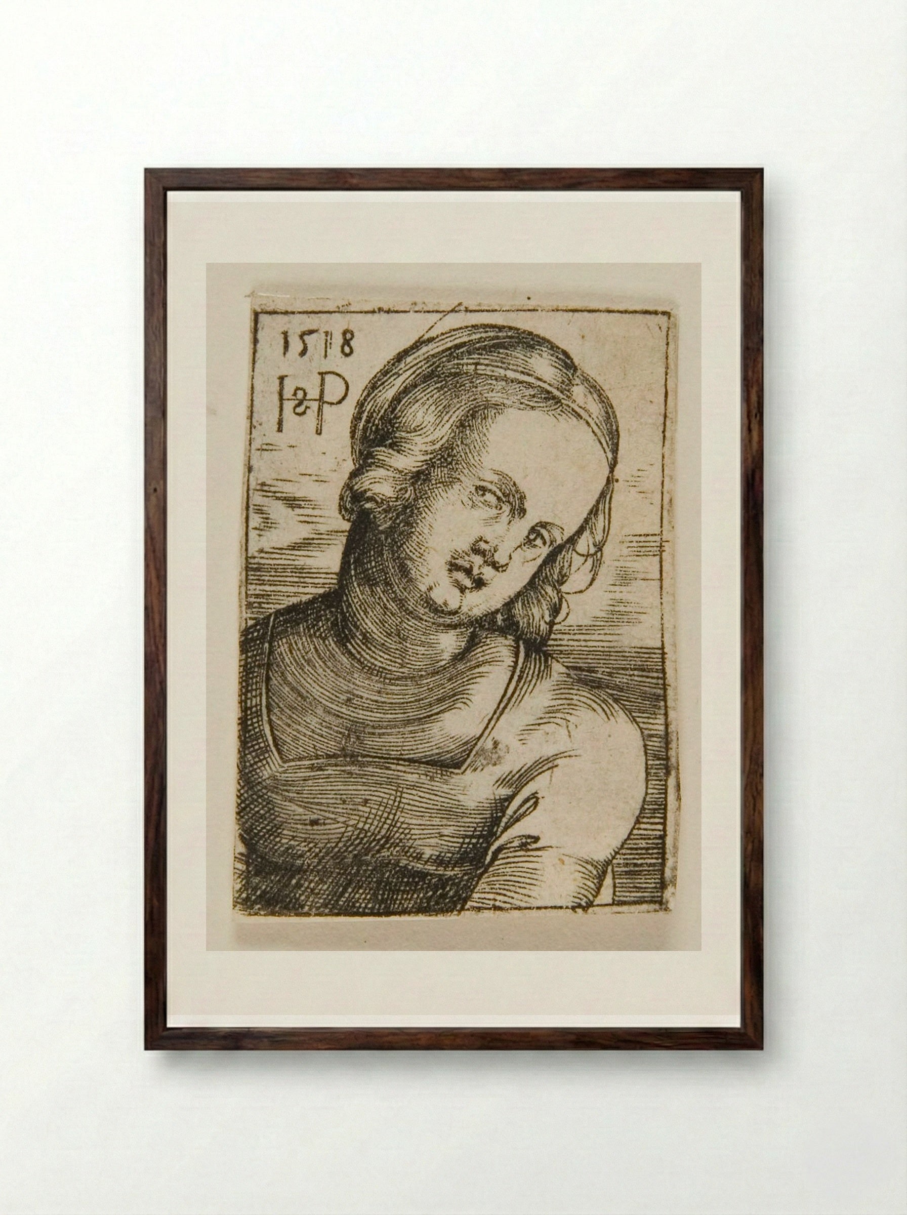 Bust of a Woman - Sebald Beham - Framed Print Dark Wood