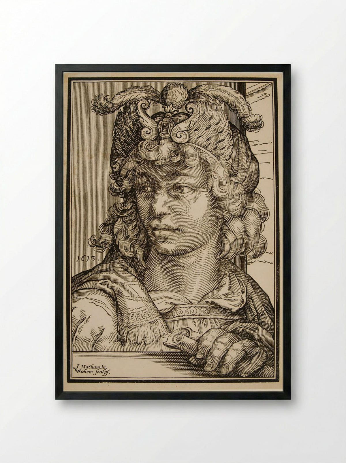 Bust of a Young Man with a Feather Cap - Christoffel van Sichem I - Framed Print Black