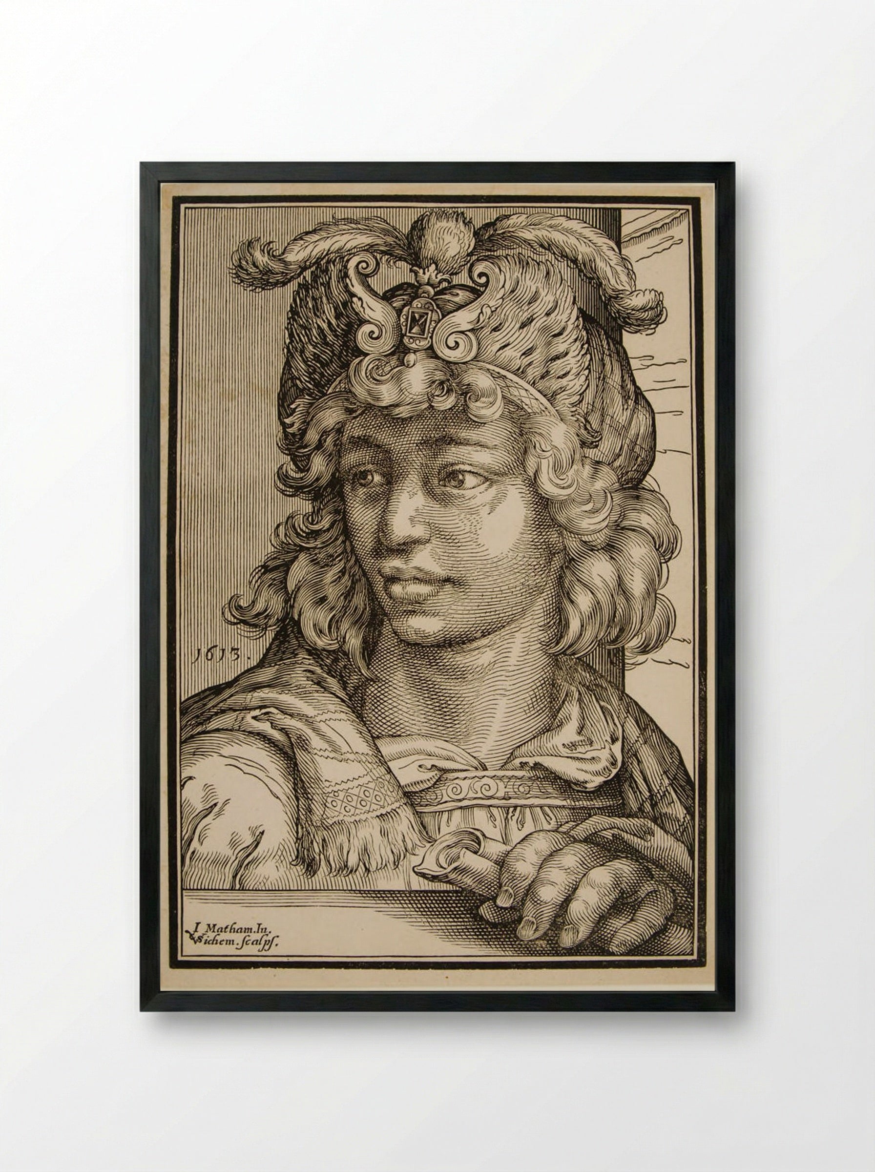 Bust of a Young Man with a Feather Cap - Christoffel van Sichem I - Framed Print Black