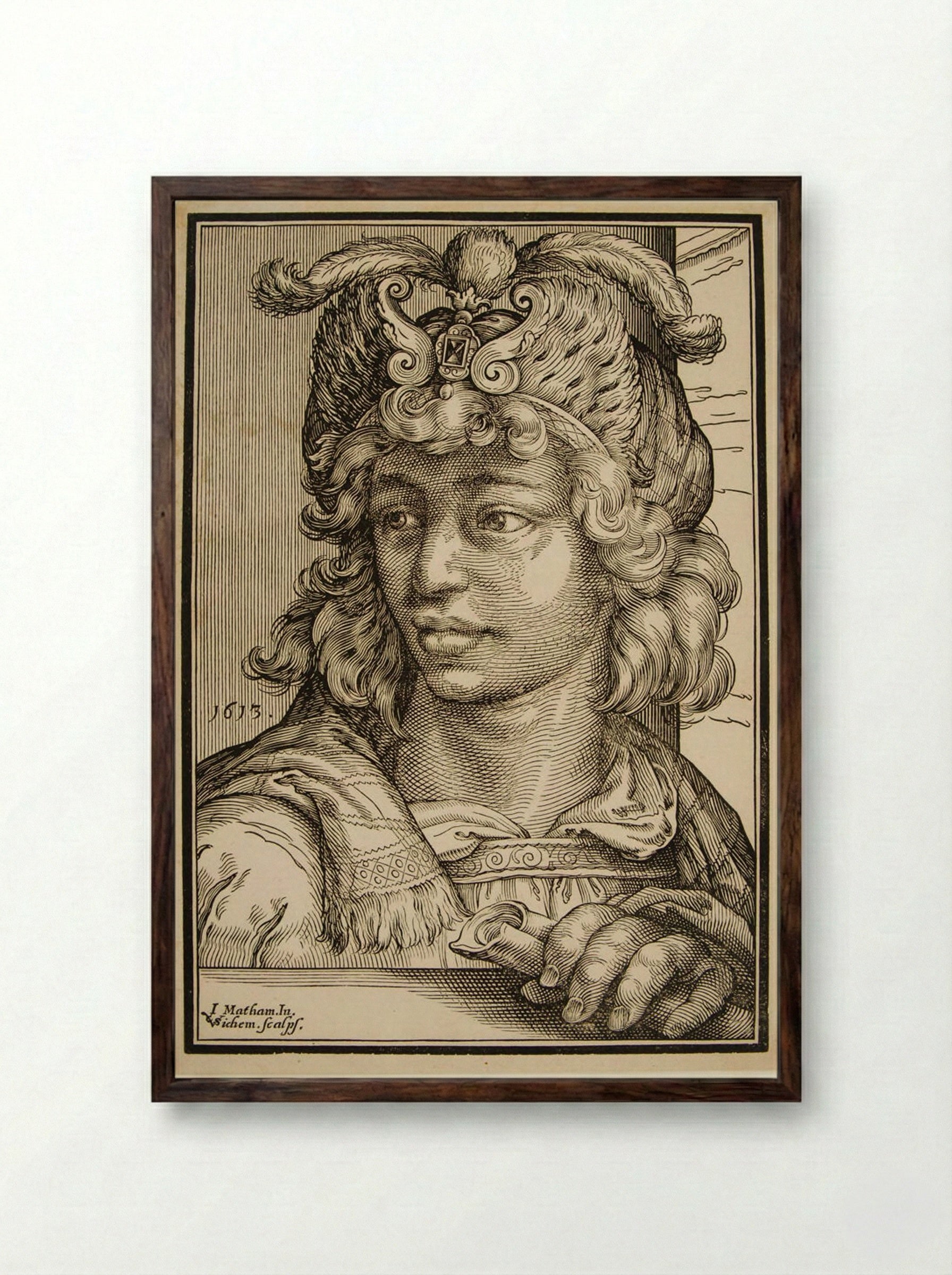 Bust of a Young Man with a Feather Cap - Christoffel van Sichem I - Framed Print Dark Wood