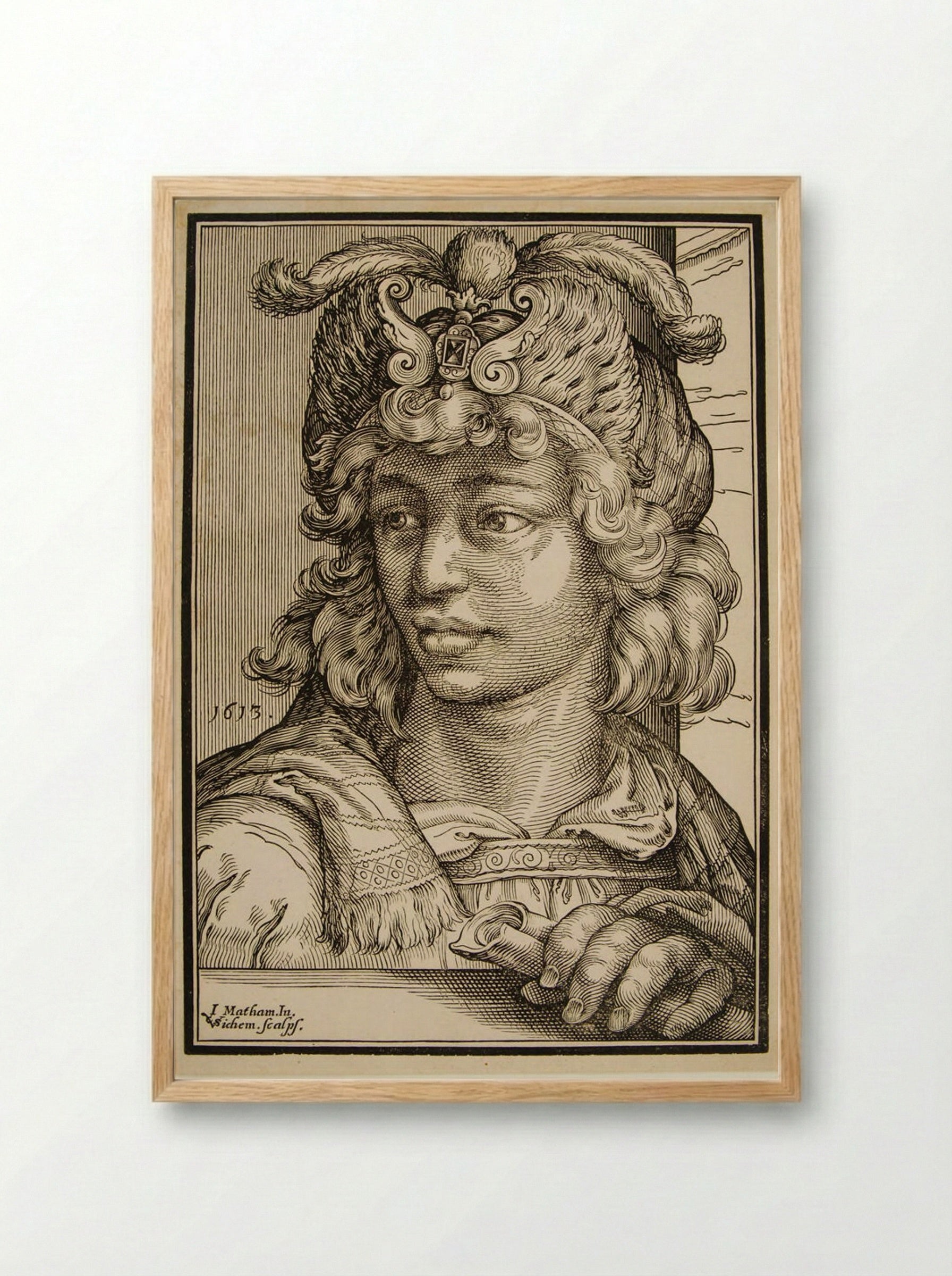Bust of a Young Man with a Feather Cap - Christoffel van Sichem I - Framed Print Wood