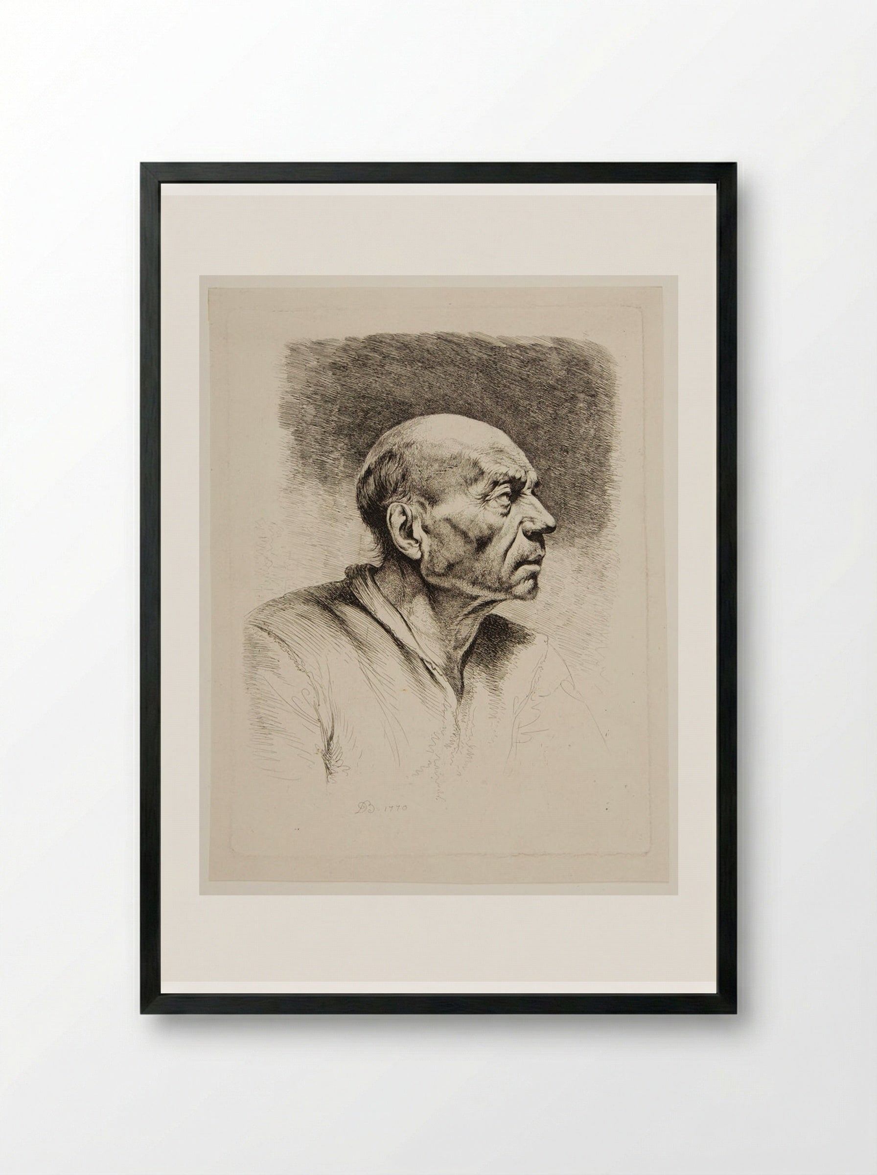 Bust of an Old Man with Bald Head - Jean-Jacques de Boissieu - Framed Print Black