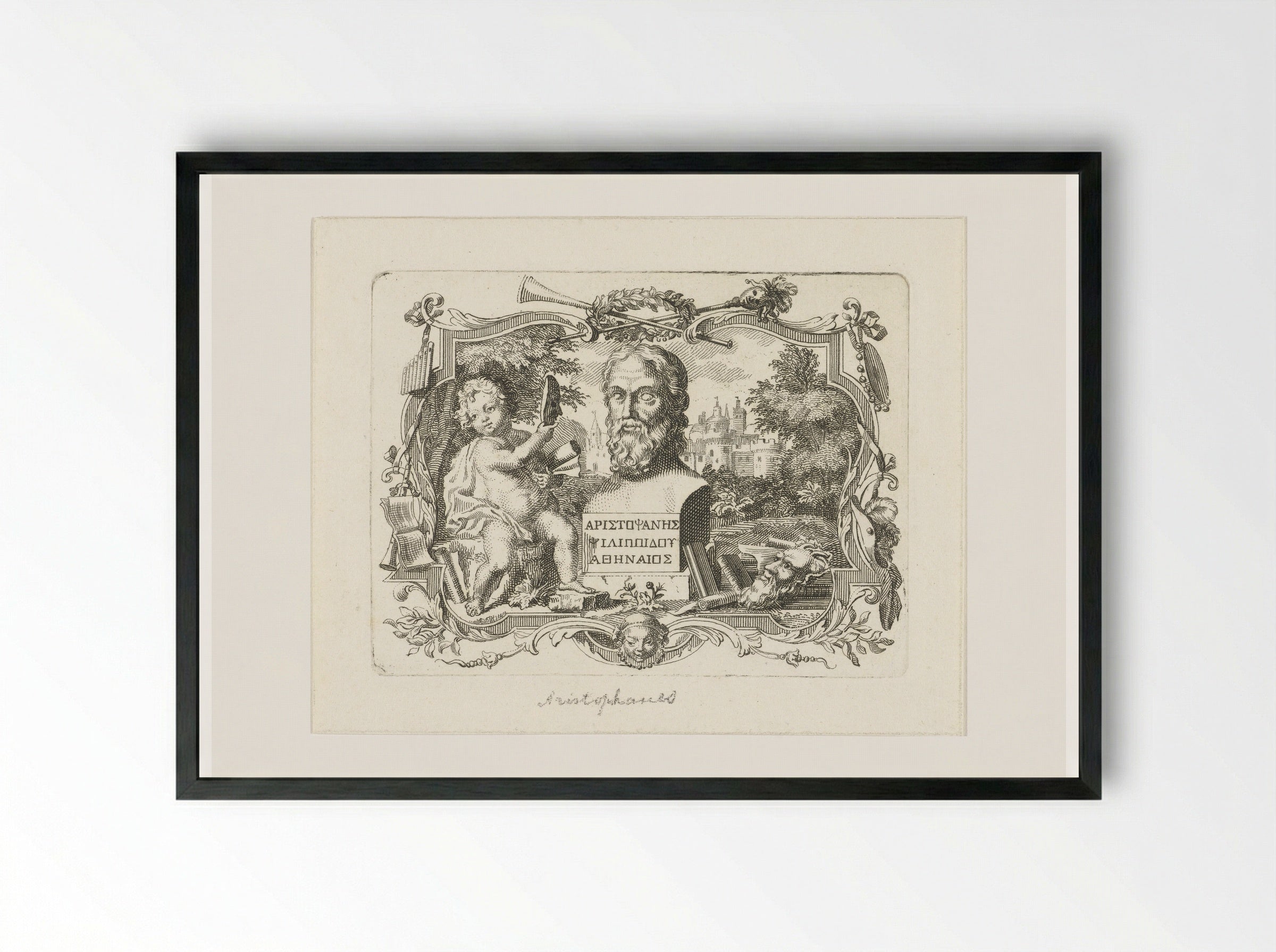 Buste van Aristophanes en putto met masker, in cartouche - Abraham Delfos - Framed Print Black