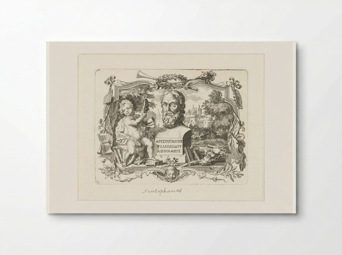 Buste van Aristophanes en putto met masker, in cartouche - Abraham Delfos - Poster