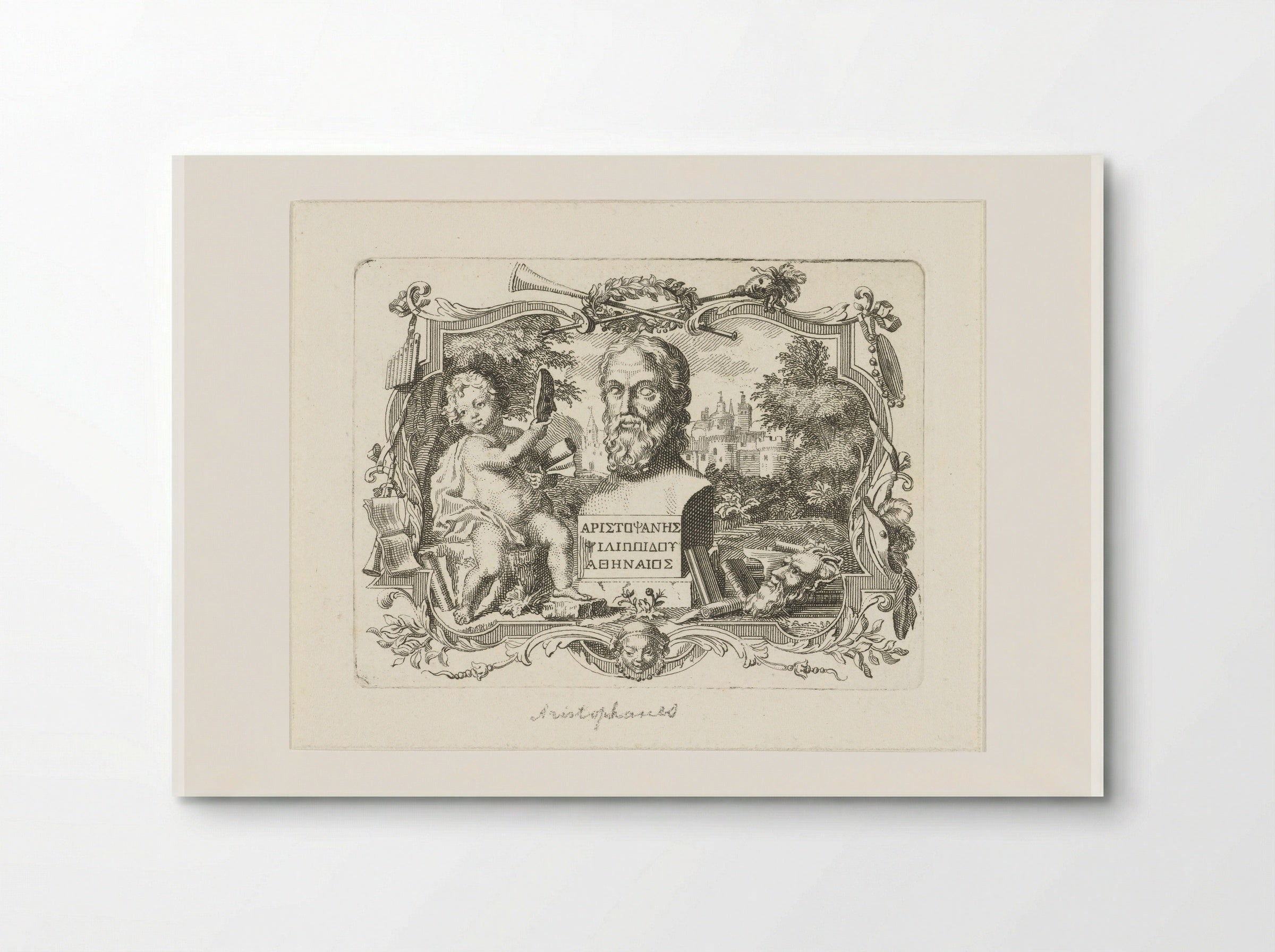 Buste van Aristophanes en putto met masker, in cartouche - Abraham Delfos - Poster
