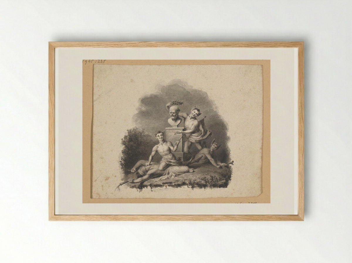 Buste van Socrates omgeven door drie saters - Johann Wilhelm Kaiser (I) - Framed Print Wood