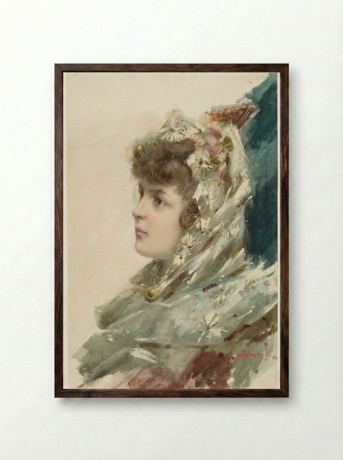 Buste van een jonge vrouw, in profiel naar links - A. Salanti - Framed Print Dark Wood
