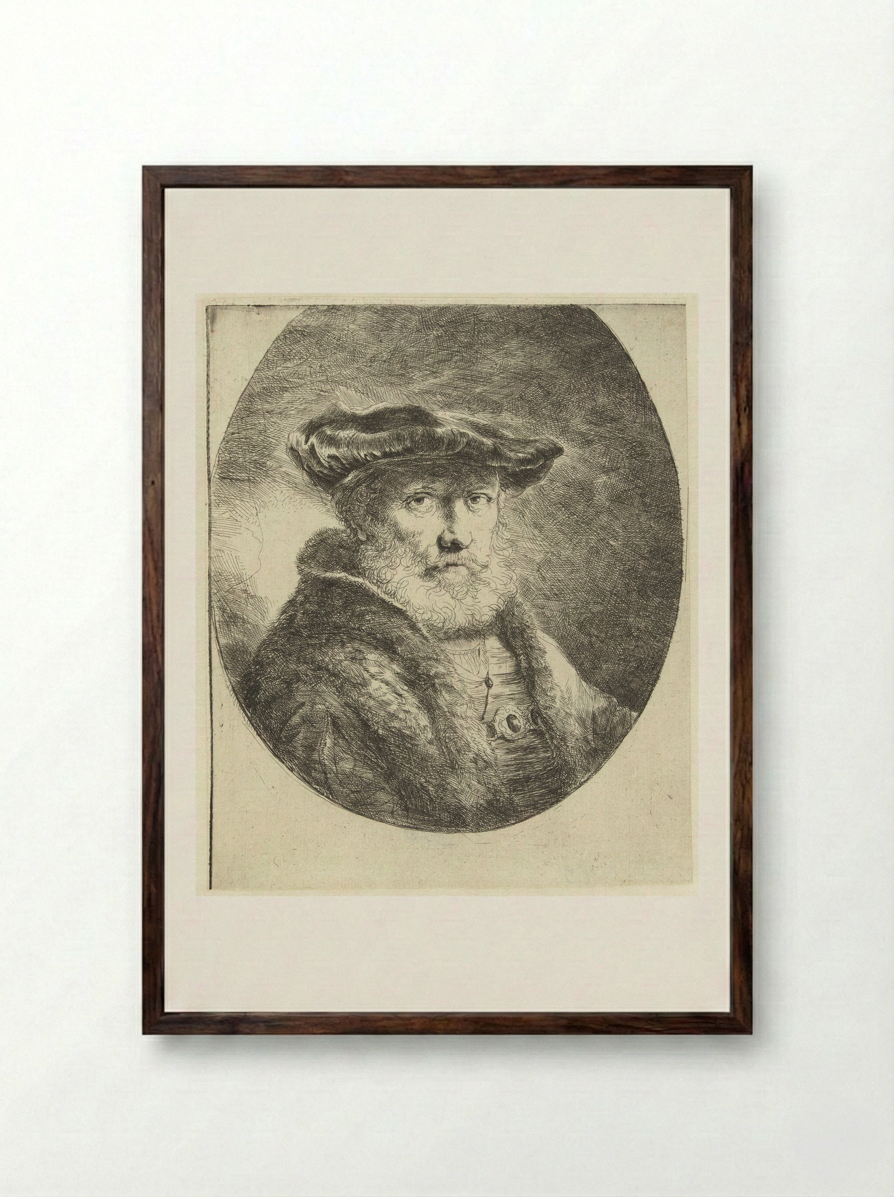 Buste van een oude man met fluwelen baret - Ferdinand Bol - Framed Print Dark Wood