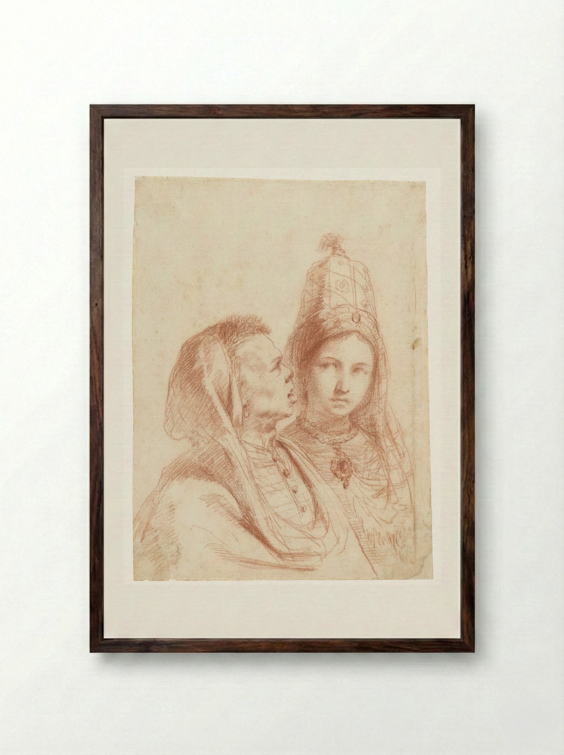 Busts of a Man and a Woman in South-Eastern European Costumes - Guercino - Framed Print Dark Wood