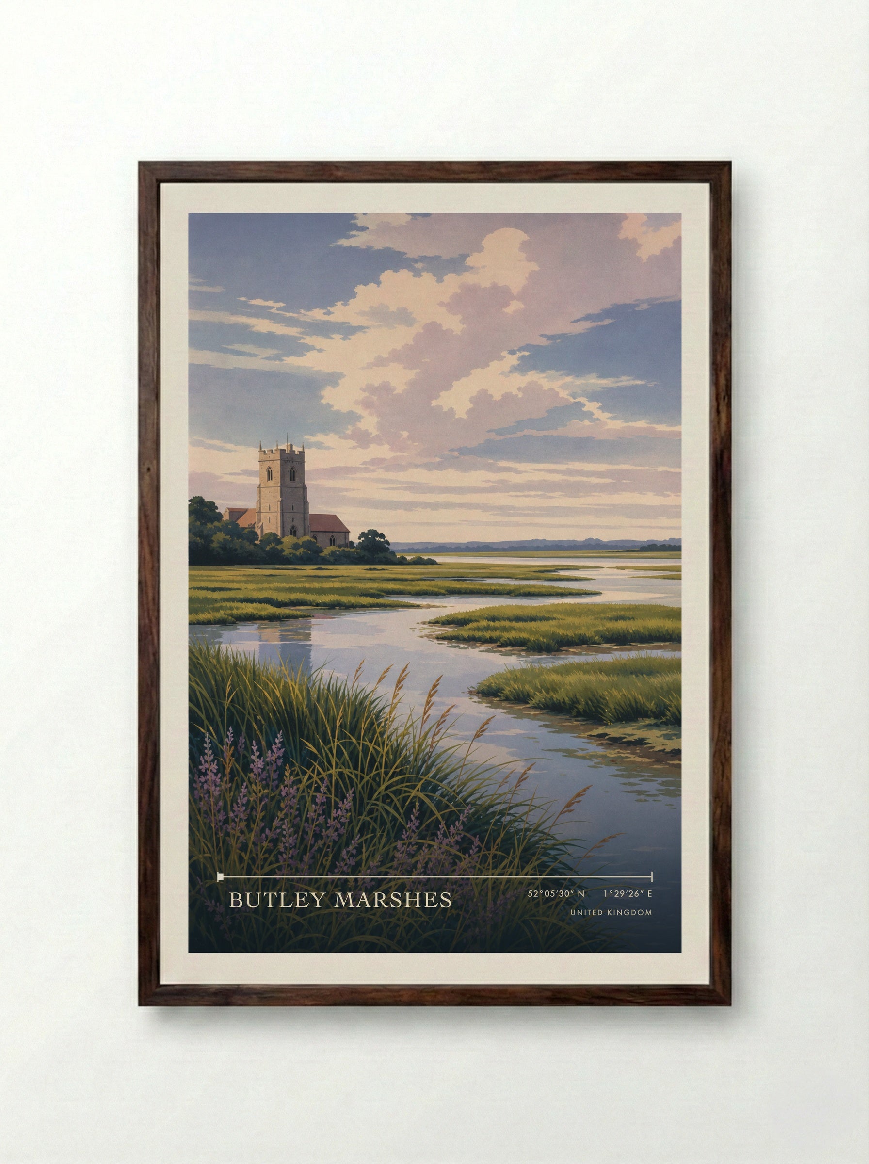 Butley Marshes United Kingdom Travel Poster - Framed Print Dark Wood