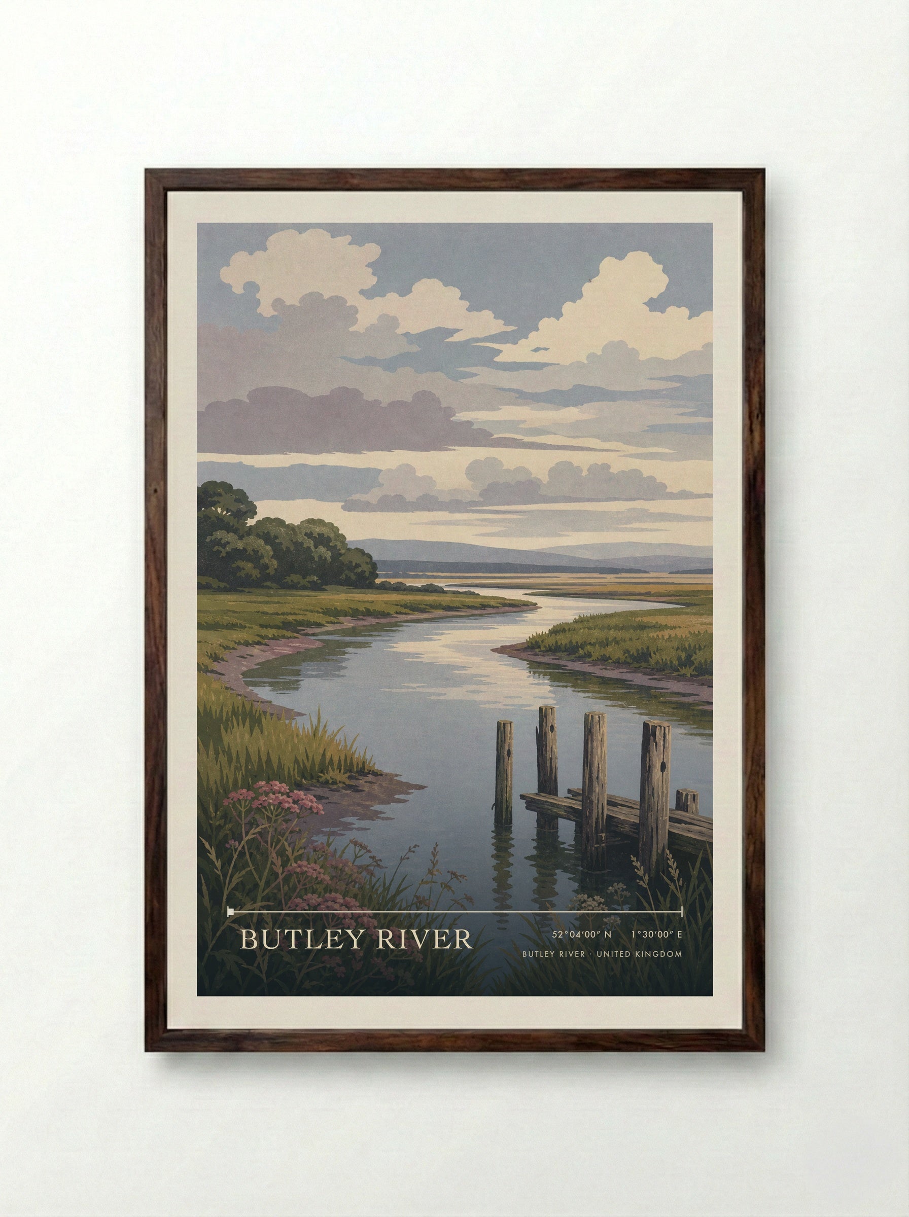Butley River United Kingdom Travel Poster - Framed Print Dark Wood