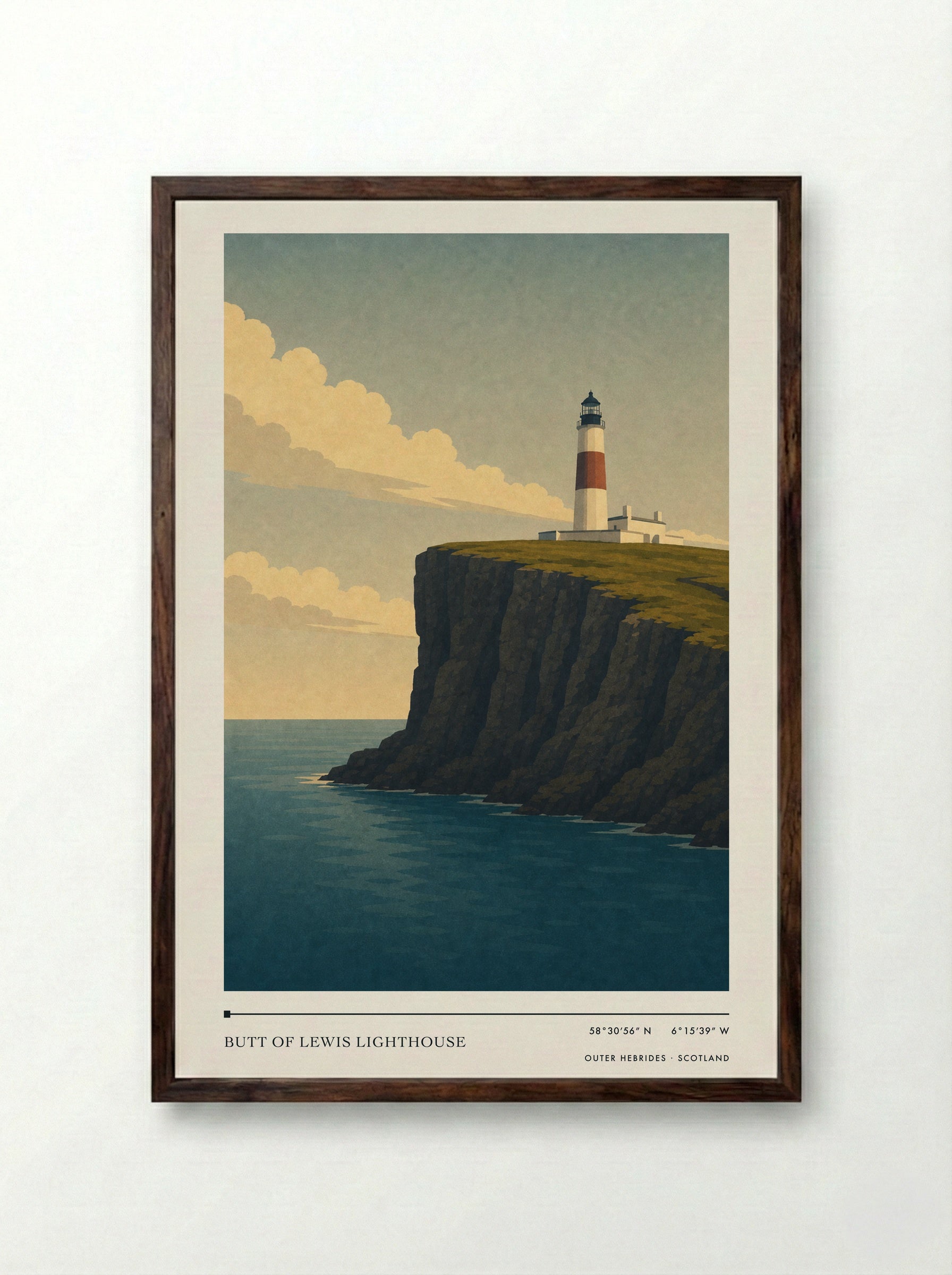 Butt of Lewis Lighthouse Travel Poster Artwork - Framed Print Dark Wood